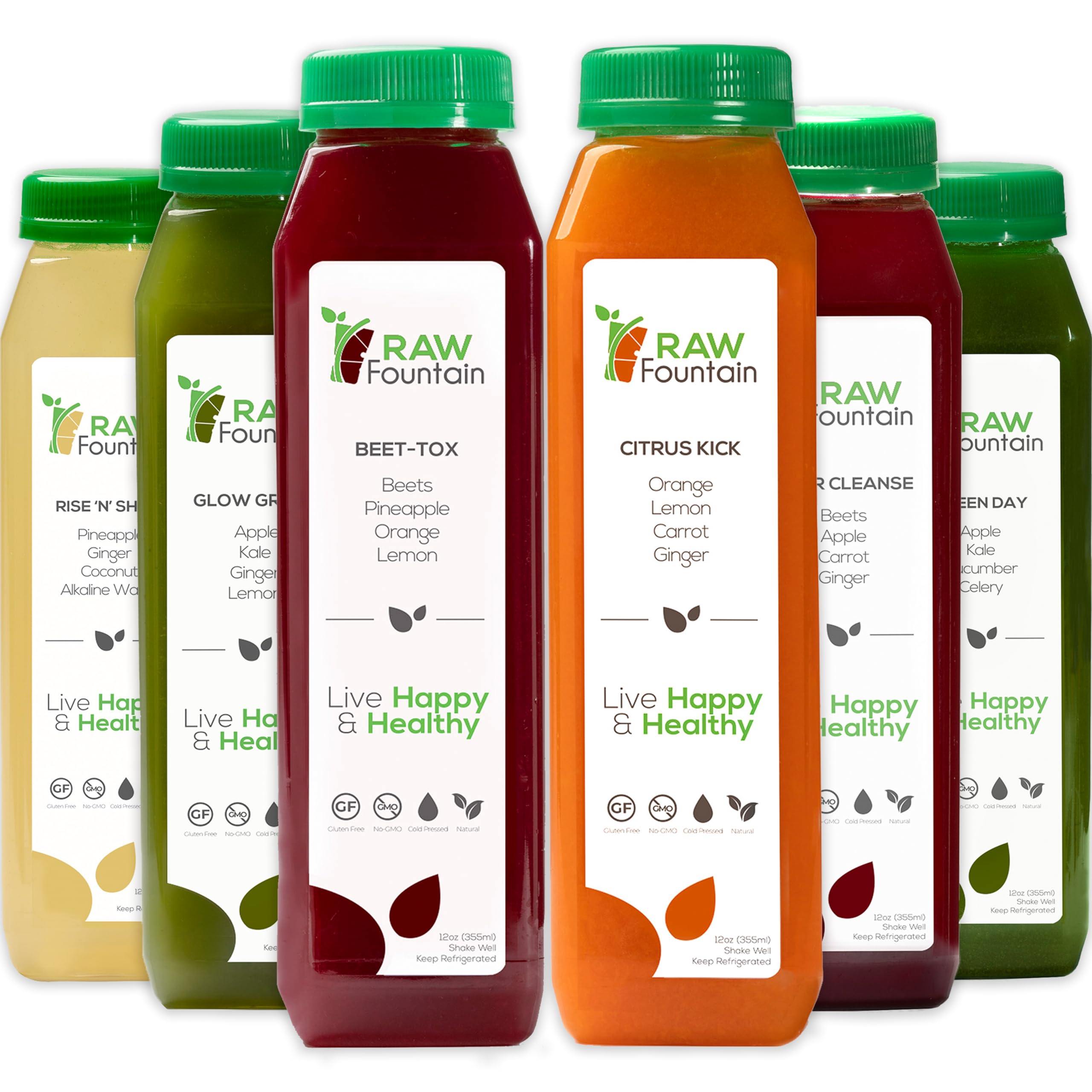 1 Day Juice Cleanse by Raw Fountain, All Natural Raw Detox Cleanse, Juicing for Body Reset, Cold Pressed Juice Fast, Great Way to Jumpstart a Healthy Diet 6 Bottles 12oz