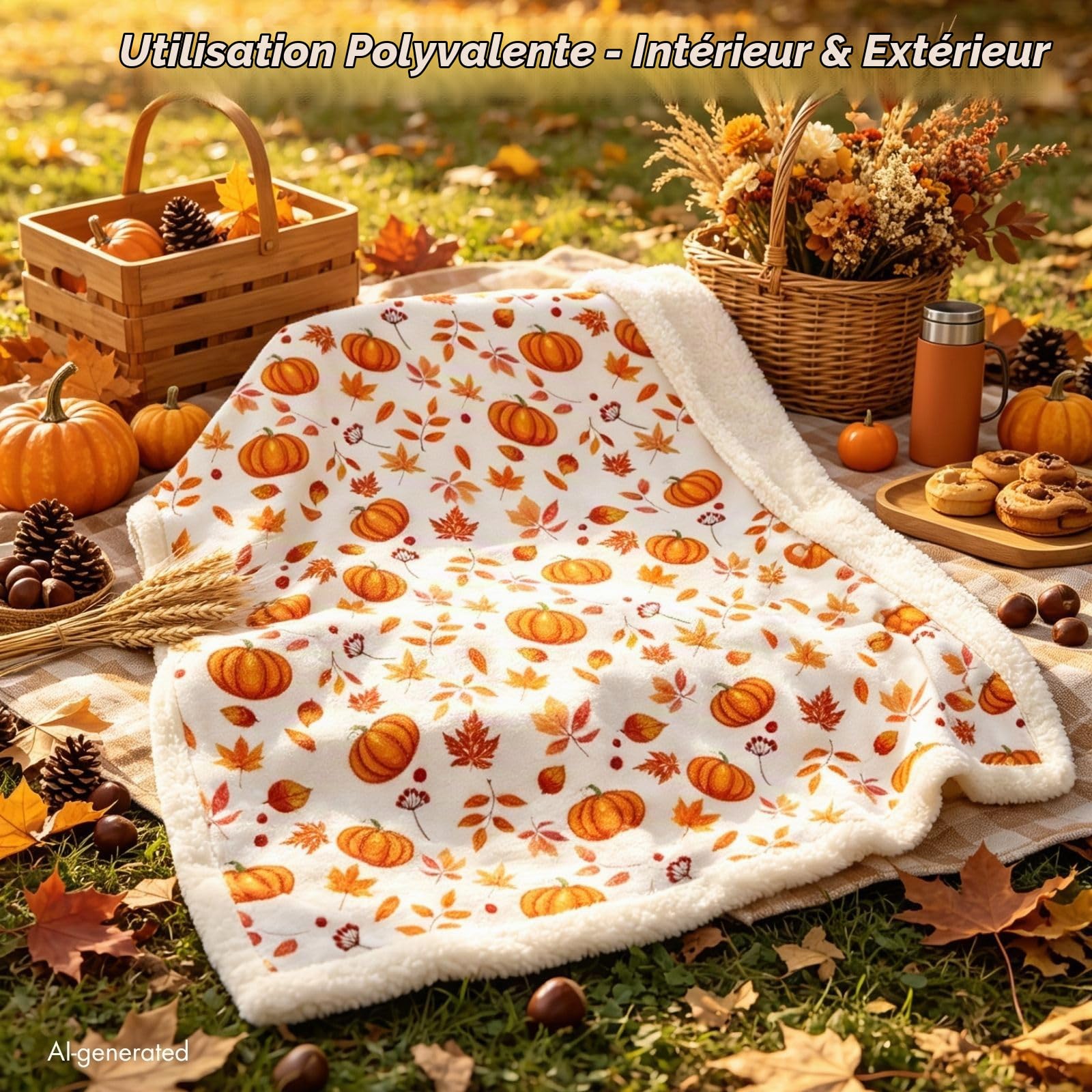 Couverture de citrouille d'Halloween,Joyeuse automne,100x130 cm,Douces fleurs d'automne,Feuilles d'érable,Couverture en polaire,Pour enfants garçons et filles,Décoration de la maison