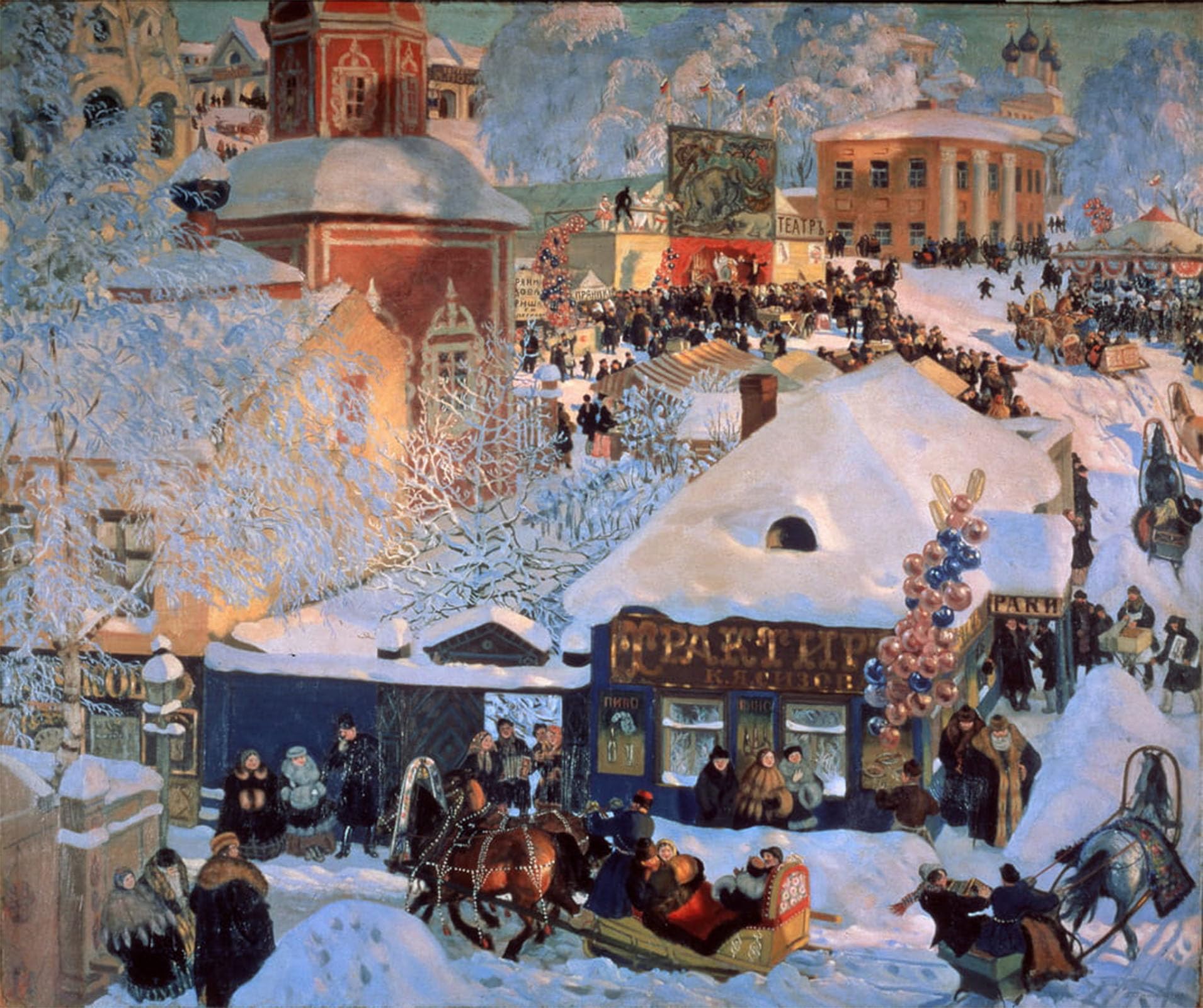 ARTXLXXBN Famous Painting Canvas Artwork Graffiti Print traditional Festivities in the Snowy Streets of a Provincial Town by Boris Mikhailovich Kustodiev Portrait Canvas Image for Home Decor 60x90cm
