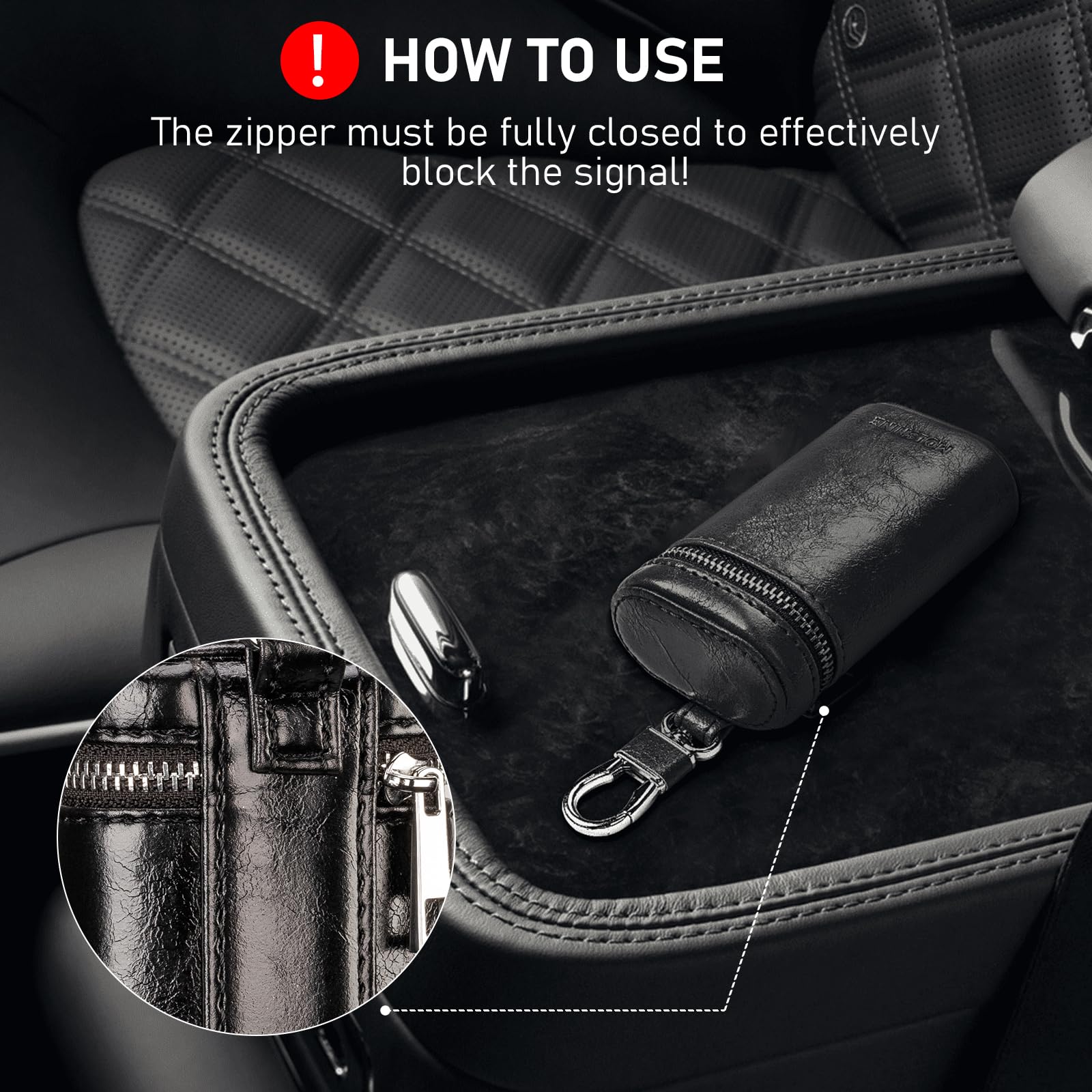molshine Universal Leather Faraday Car Key Case, Car RFID Signal Blocking Key Fob Protector, Stylish Anti-Theft Car Key Pouch, Anti-Hacking Case Blocker, Jammer Signal Blocker (Black)