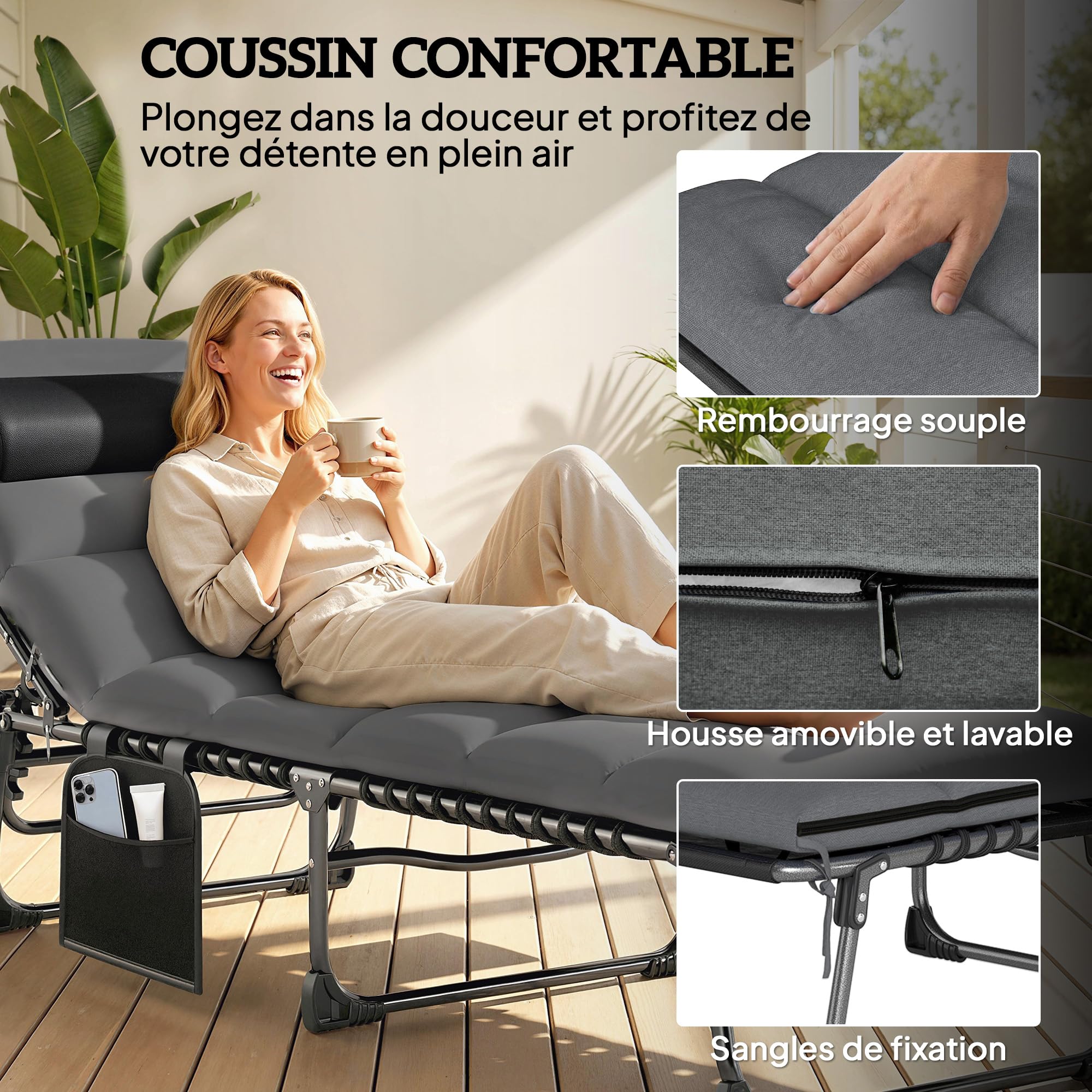Outsunny Chaise Longue Jardin extérieur, Bain de Soleil Pliable, Dossier inclinable sur 5 Positions, transat avec Coussin, Poche Latérale et Appui-tête, Structure en Acier pour terrasse, Gris Foncé