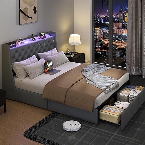 Miniatura 8 de SADENICEL Base de cama Queen con cabecera de almacenamiento y 2 cajones, plataforma de base de cama de metal tamaño Queen con luz LED, estación de