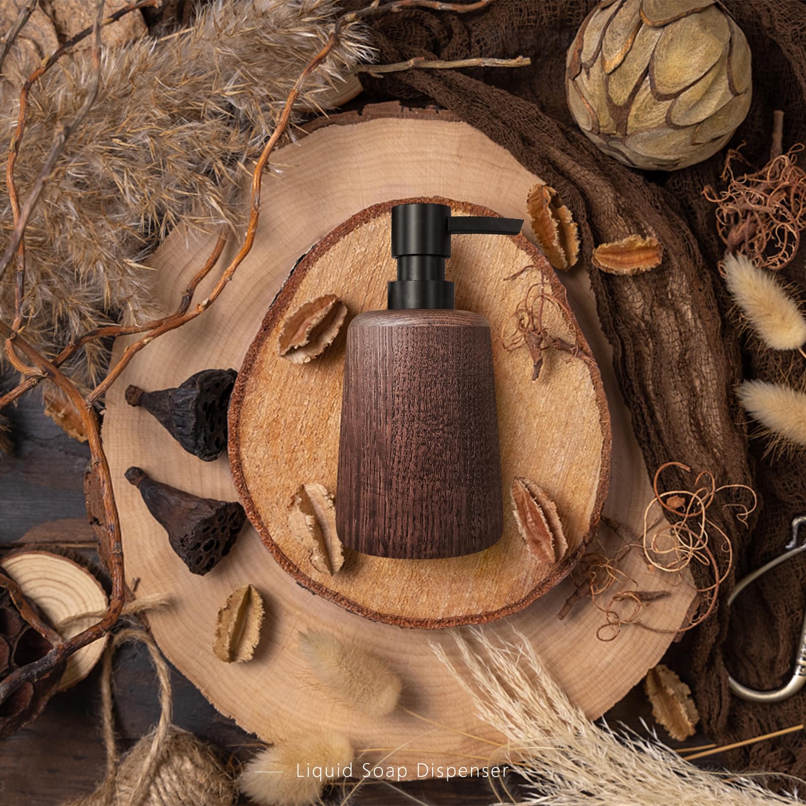 Dispensador de jabón hecho a mano de madera marrón oscuro, bomba de plástico, decoración elegante de baño, bomba de loción recargable, botella de ducha, fondo antideslizante, duradero y