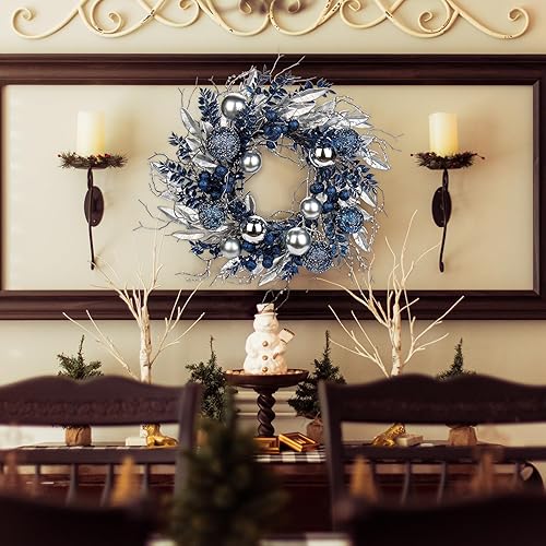 Miniatura 4 de Corona de Navidad sin luz de 16 pulgadas, corona dorada para puerta de otoño, hecha a mano con eucalipto artificial Genlisea Hortensia para casa de