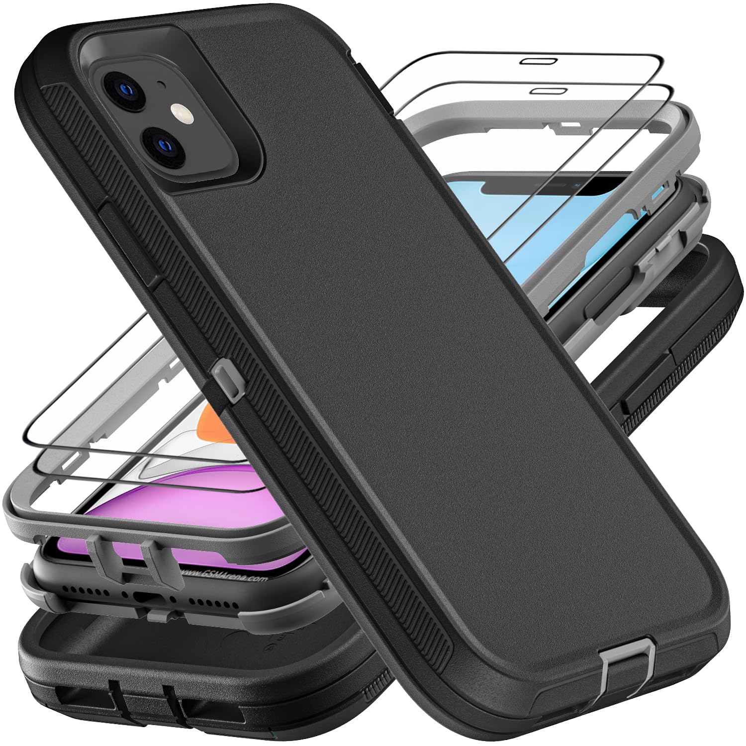 YKHJKLEC for iphone 11 Case, Military Grade 3 in 1 Heavy Duty Shockproof/Drop Proof/Dust Proof Case with 2Pcs Tempered Glass Screen Protector (Black/Grey)