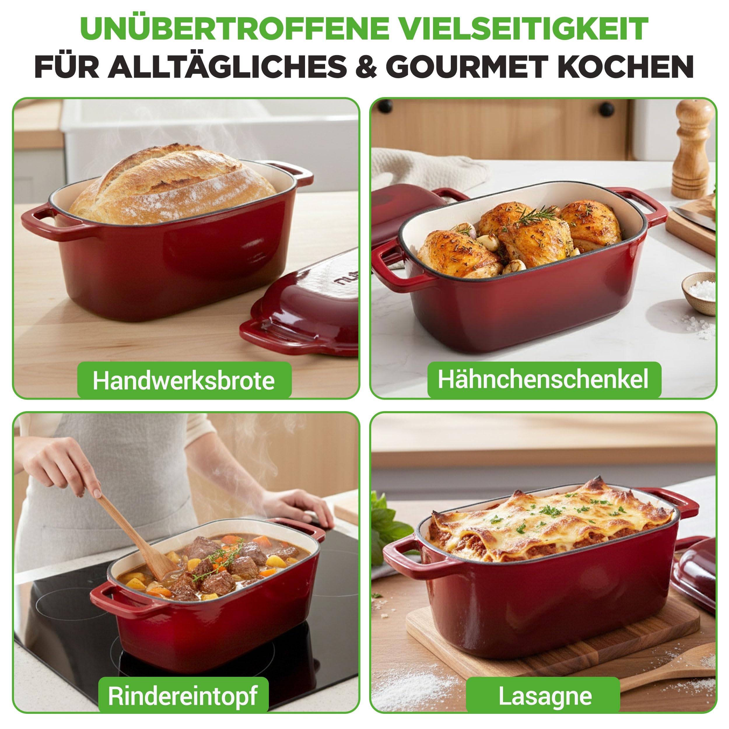 NutriChef Gusseisen Topf - Brotbacktopf - mit Deckel - 25,4 cm ovaler Brottopf mit Silikonhandschuhen - zum Backen Braten Schmoren und mehr - Spülmaschinenfest, Rot