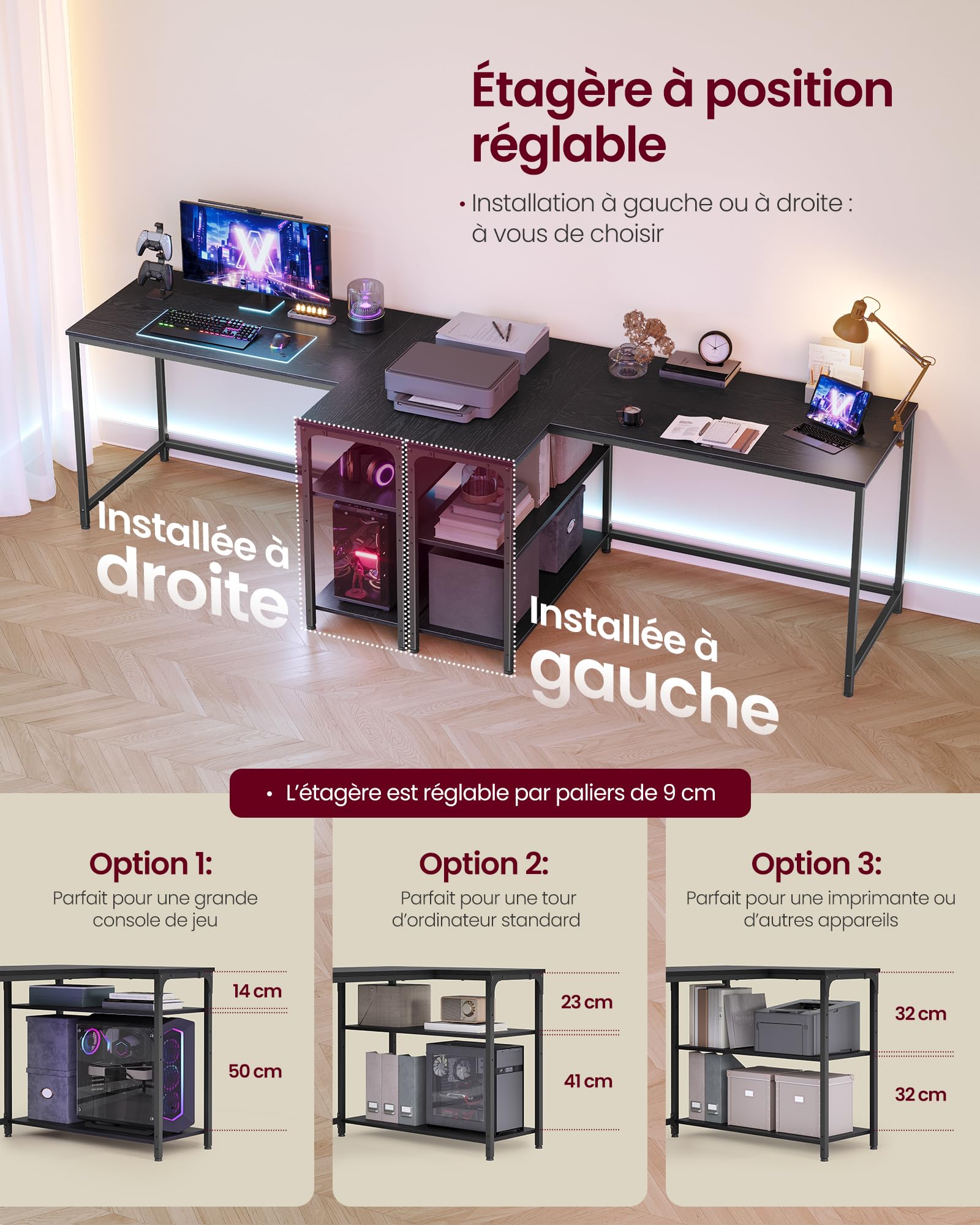 VASAGLE Bureau Gaming en L, Bureau avec Rangement, Étagères Réversibles à Hauteur Réglable, pour Domicile, 120 x 80 cm, Noir Boisé LWD136BE01