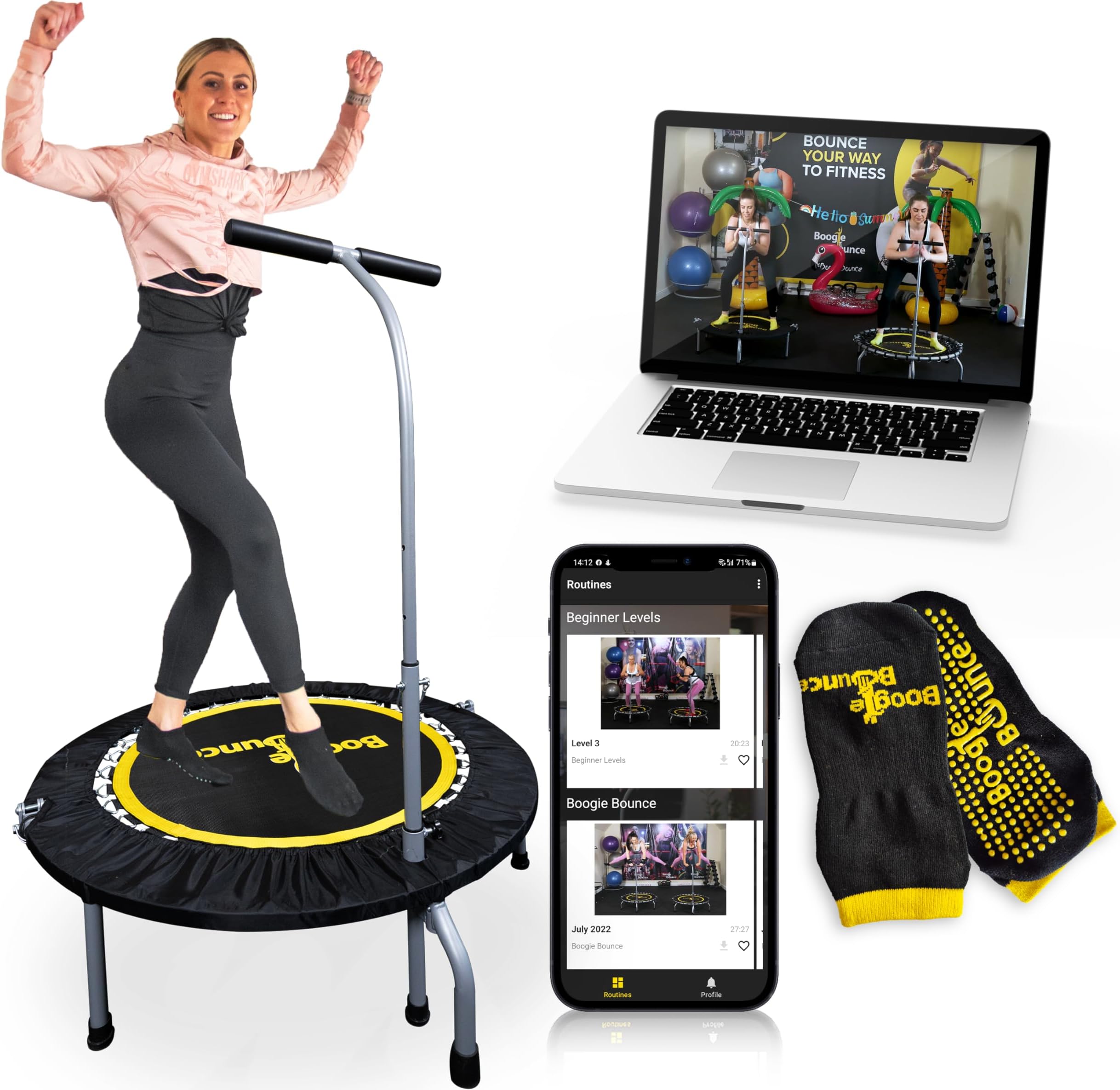 Boogie Bounce Rebounder | Folding & Super-Quiet Fitness Trampoline For Adults & Children | New Mobile App & Online Workouts Every Month | Adjustable Handle & 20st Weight Limit