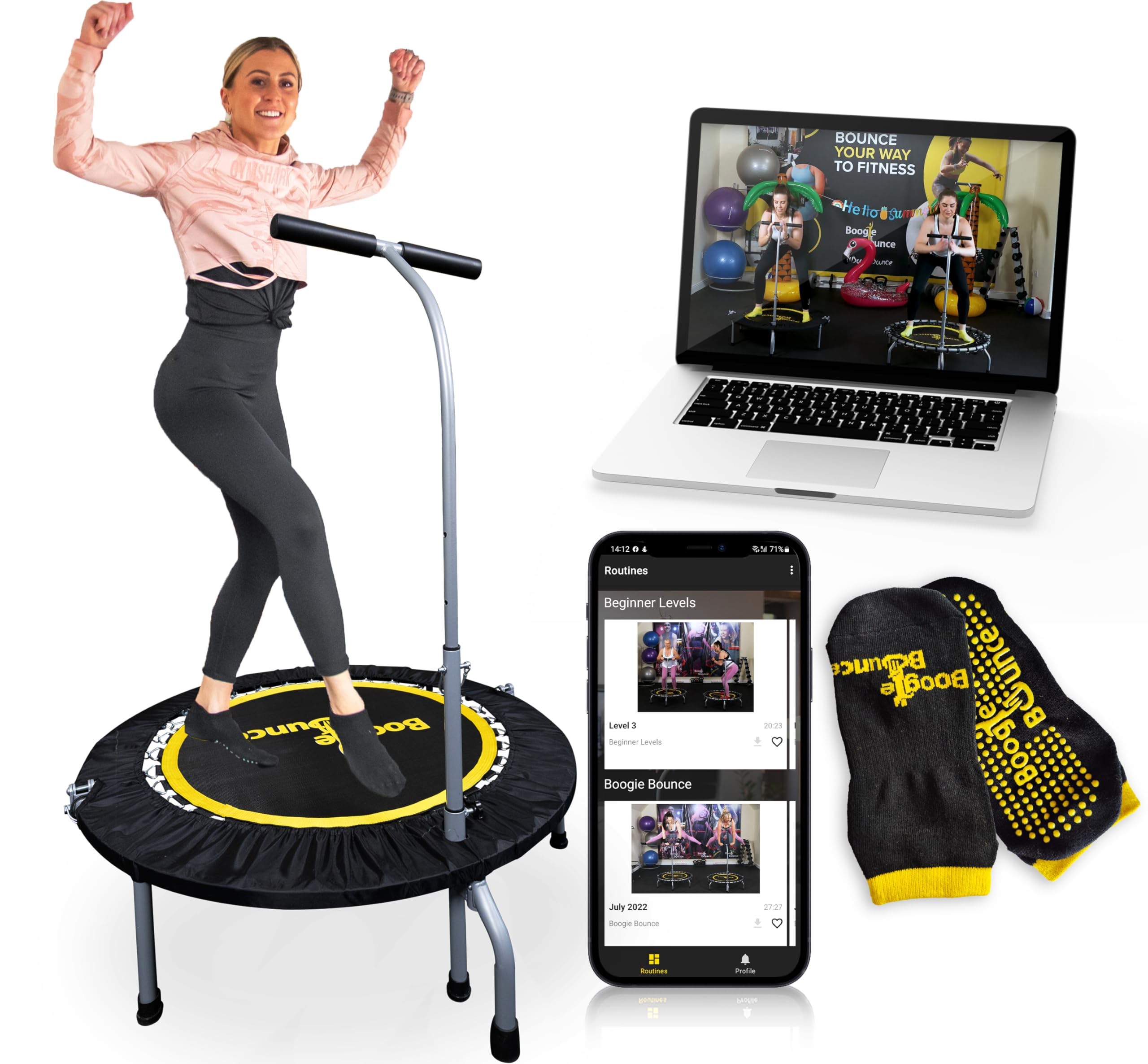 Rebounder | Folding & Super-Quiet Fitness Trampoline For Adults & Children | New Mobile App & Online Workouts Every Month | Adjustable Handle & 20st Weight Limit