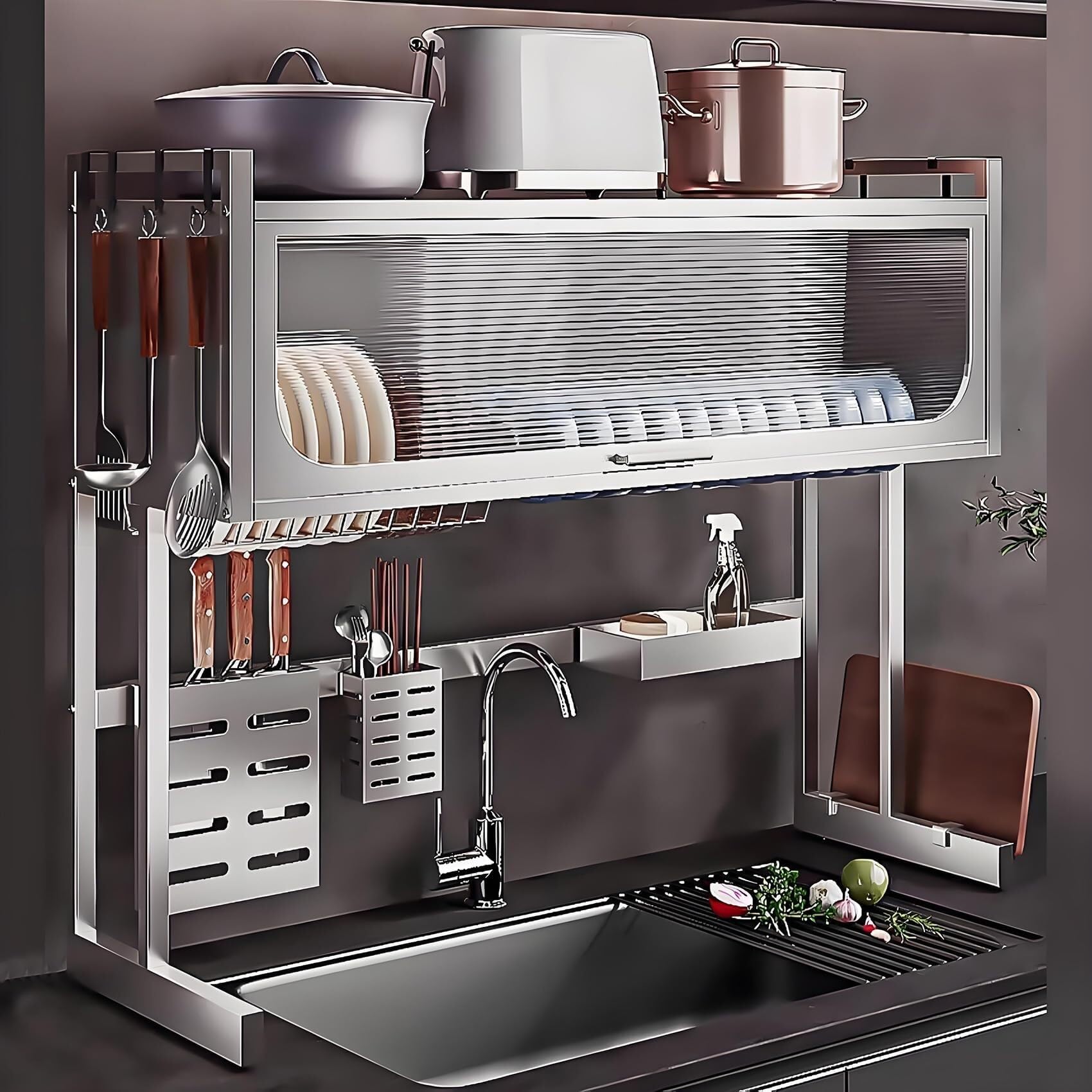 Scolapiatti in Acciaio Inox per lavello, salvaspazio, con Coperchio, Ampio vano portaoggetti per la Cucina (75 x 30 x 80 cm)
