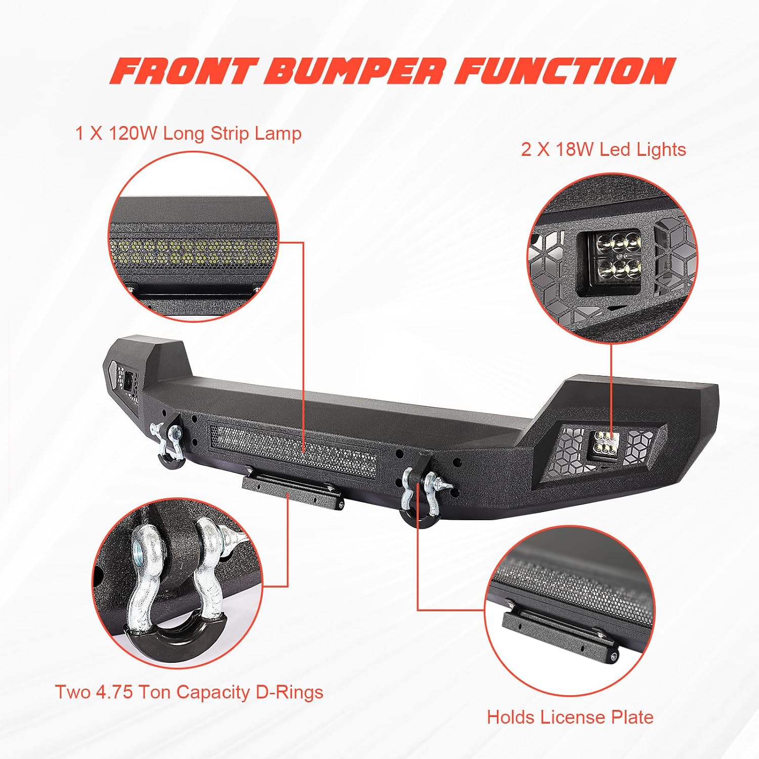 Front Bumper + Rear Bumper Combo Compatible with 2007-2018 Jeep Wrangler JK JKU Unlimited, Full Width Rock Crawler Bumper with Winch Plate & LED Lights & License Plate Frame & D-Ring & Hitch Receiver
