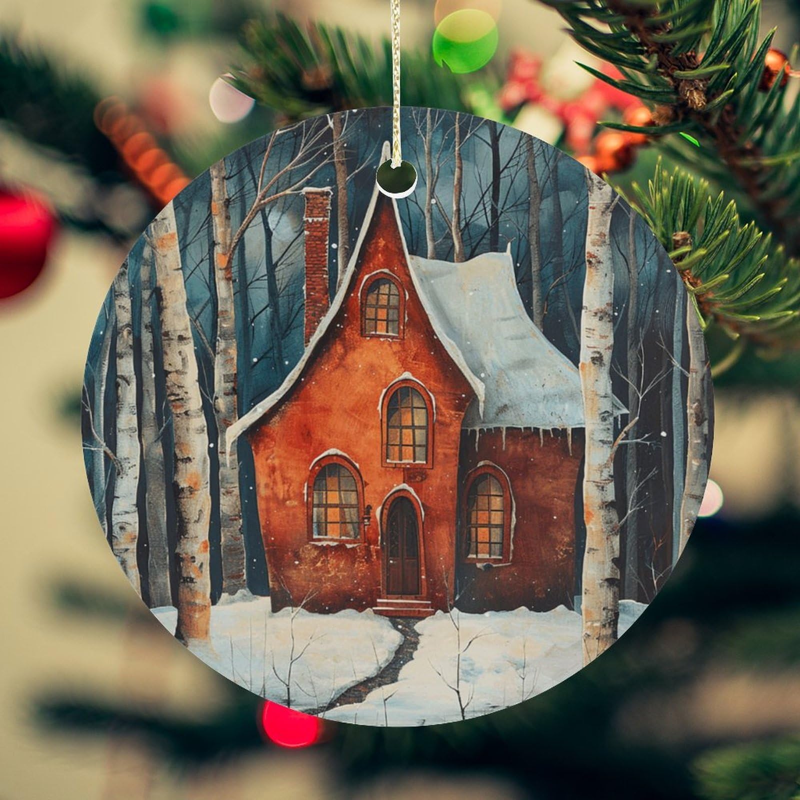 Winter Pictures Christmas Ornament for Christmas Tree Ceramic Round Ornament Winter Holiday Keepsake Gift 2.7" Christmas Tree Hanging Decorations Circle Ceramic Pendant Xmas Gift