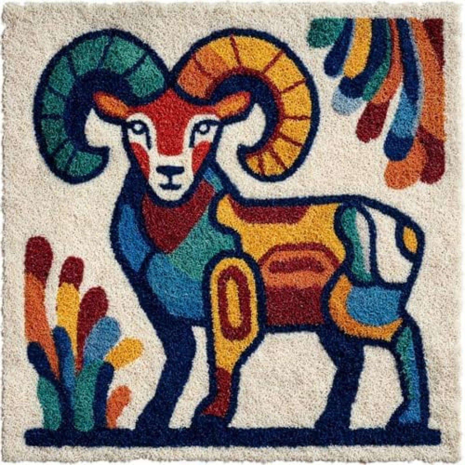 Kitphoenix Multicoloured Adults Diy Cushion Cover Craft Kit,Bighorn Sheep Native,Latch Hook Embroidery Set With Pre-Printed Canvas,Pre-Cut Yarn And Hook,43X43 Cm Pillow Cover