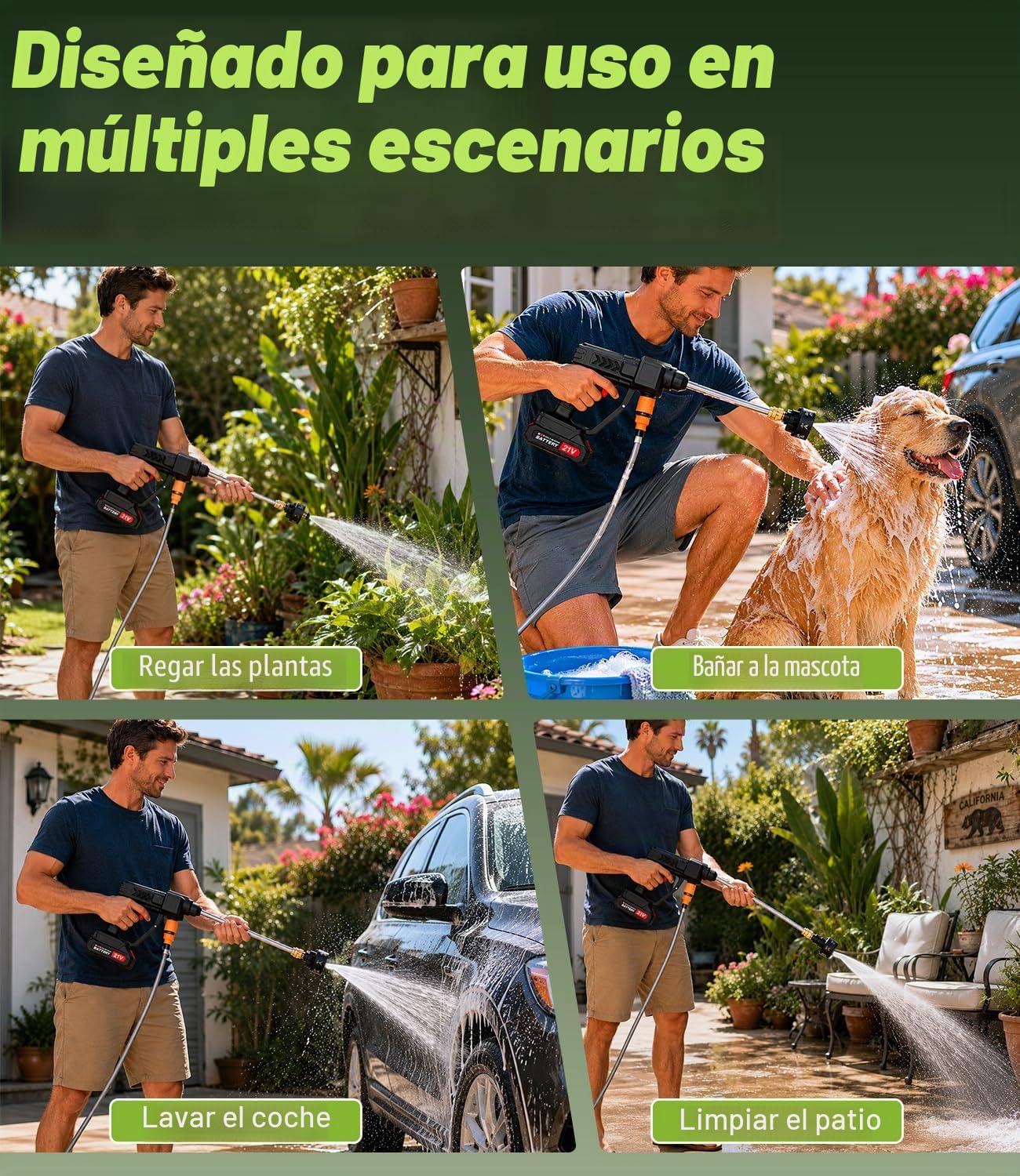 Hidrolimpiadora de Alta Presion, Limpiador de Alta Presión Portátil, Pistola de Agua a Presión, máx 260 PSI, con 2 Baterías, Pulverizador de Espuma, Boquilla 6 en1 para Coches, Terraza, Jardín