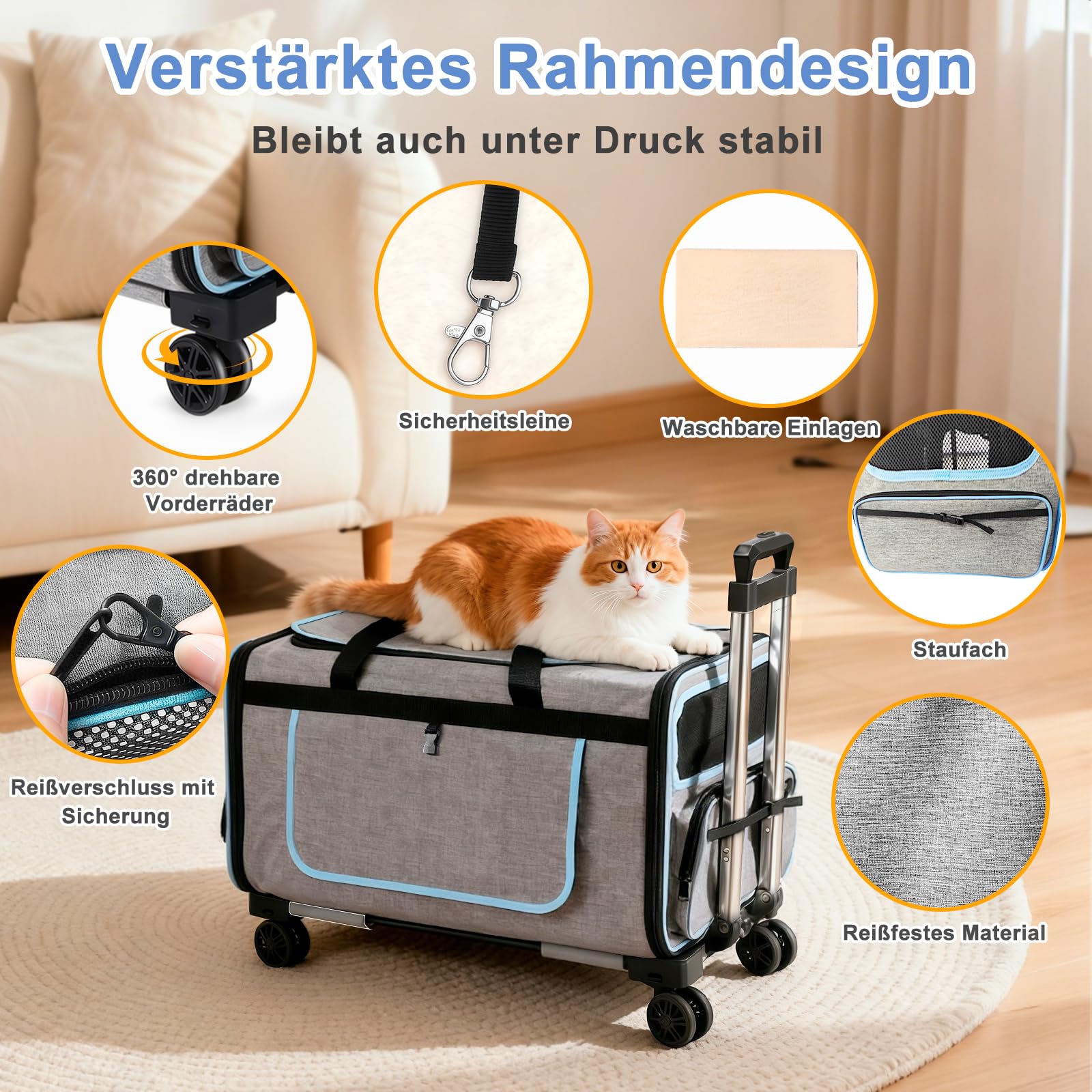 Große Transportbox mit abnehmbaren Rädern, 2-in-1 faltbar, für Hunde & Katzen, Teleskopgriff, für Auto/Outdoor/Indoor, max. 20 kg (44 lbs), Nicht für Flugreisen