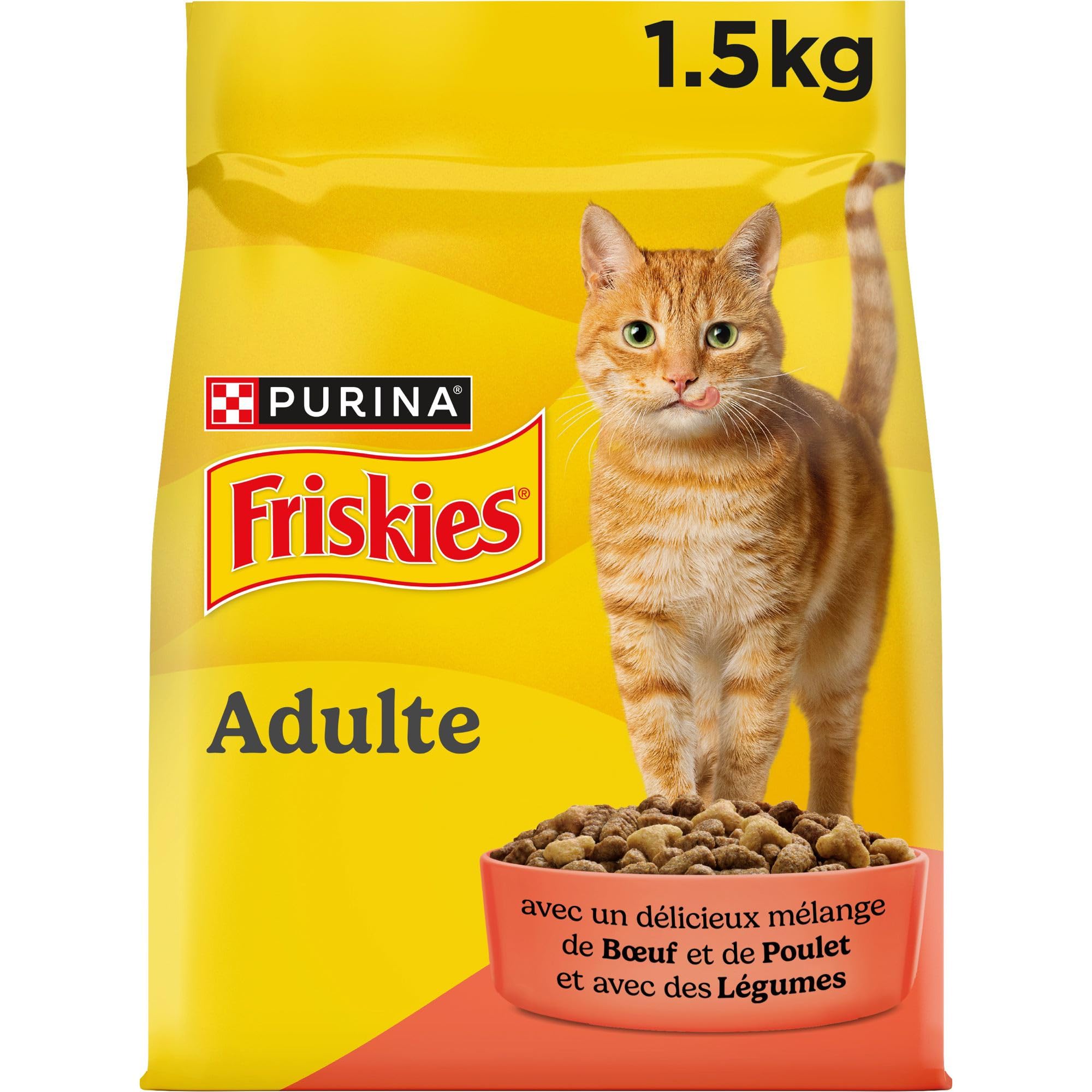FRISKIES | Chat | Croquettes complètes pour Chats Adultes | au Boeuf, au Poulet et aux Légumes | Aliment Complet Riche en Vitamines et Minéraux | Sac | 1,​5 KG