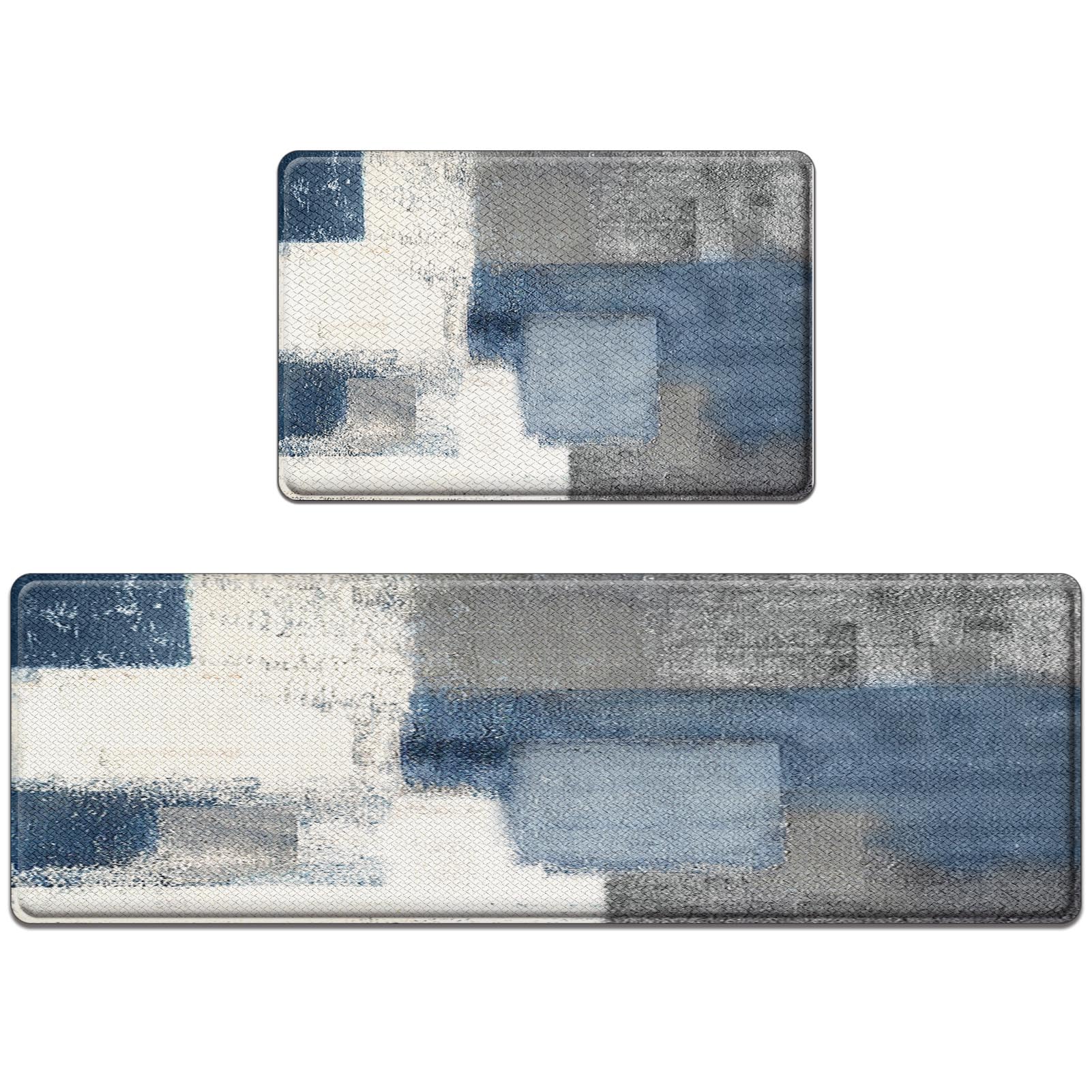 Nesphy Anti-Fatigue Blue Grey Kitchen Rug Set of 2 Cushioned Abstract Rug for Floor, Art Standing Mat Waterproof Non-Slip Mat PVC Ergonomic Comfort
