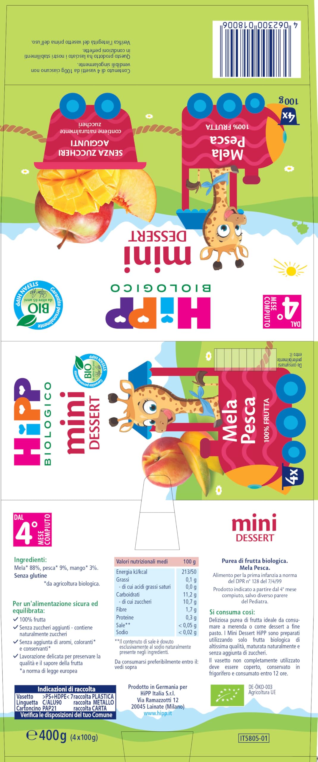 HiPP - Nuovi Mini Dessert, Frutta Grattugiata Bio, Gusto Mela e Pesca,Confezione da 24 Vasetti da 100 g