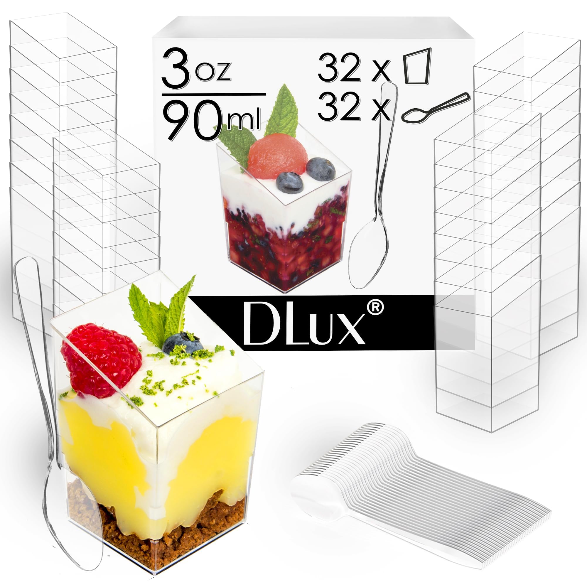 Amazon.com | DLux 32 x 3 oz Mini Dessert Cups with Spoons, Square