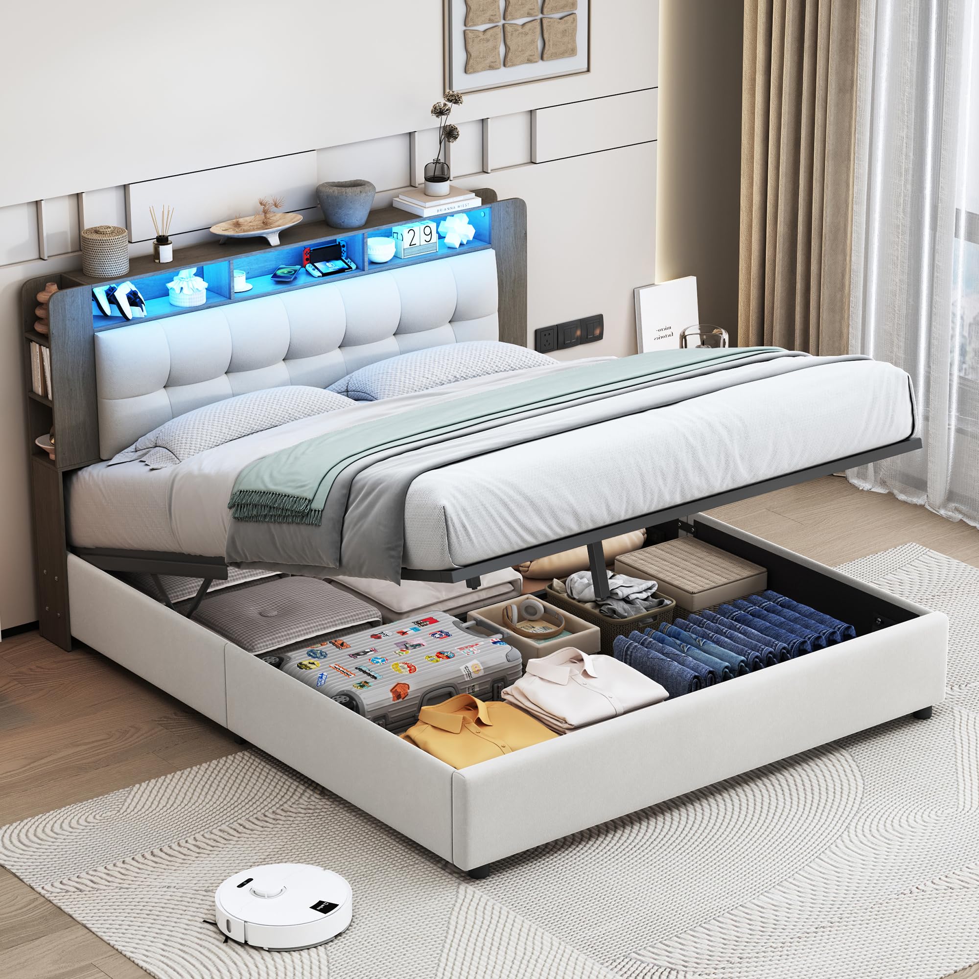 Letto imbottito 160 x 200 cm, letto matrimoniale a LED con testiera e USB, letto idraulico, struttura del letto con rete a doghe in legno, Velluto, senza materasso