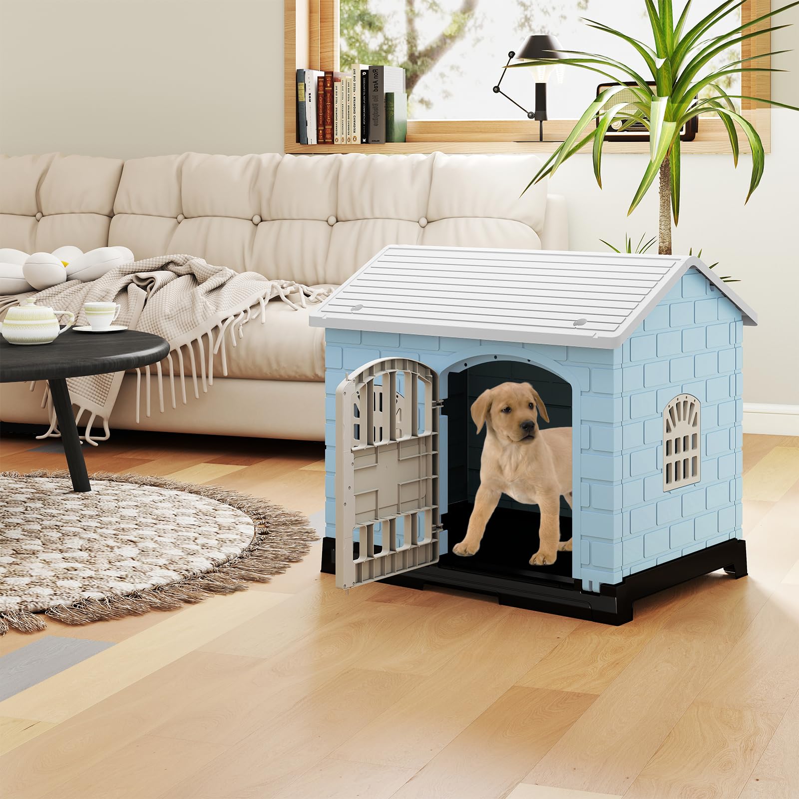 GOPLUS Caseta para Perros de Plástico, Casa para Perro con 3 Ventanas, Puerta con Cerradura, Techo Inclinado, Bandeja Extraíble, Perrera Interior Exterior para Perros Pequeños Medianos Patio (Azul)