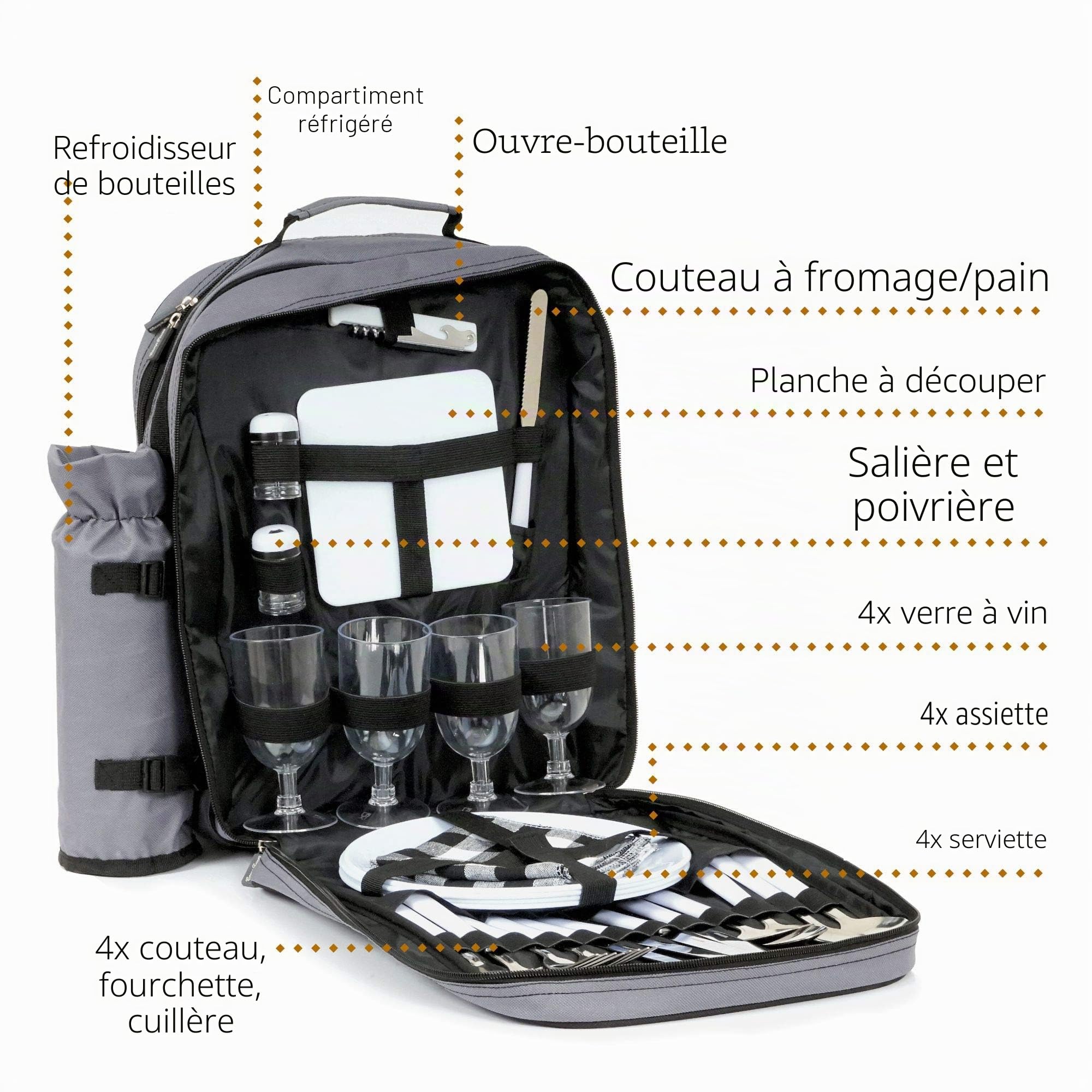 CampFeuer Sac de Pique-Nique pour 4 Personnes | Gris | Set de Pique-Nique à 31 pièces | avec Porte-Bouteilles, Compartiment réfrigérant, Vaisselle et Couverts | Sac glacière pour barbecues, Camping