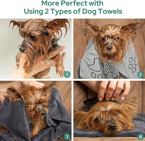 Miniatura 3 de HOMEIDEAS Juego de 2 toallas para perro, chenilla y microfibra, toalla de baño suave súper absorbente con bolsillos para las manos para secar