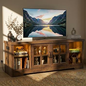 LED TV Stands, 55 Inch Farmhouse Television Stand with Charging Station & Adjustable Shelf, Wood Entertainment Center for 60 Inch TV, Display TV Console Table for Living Room/Bedroom