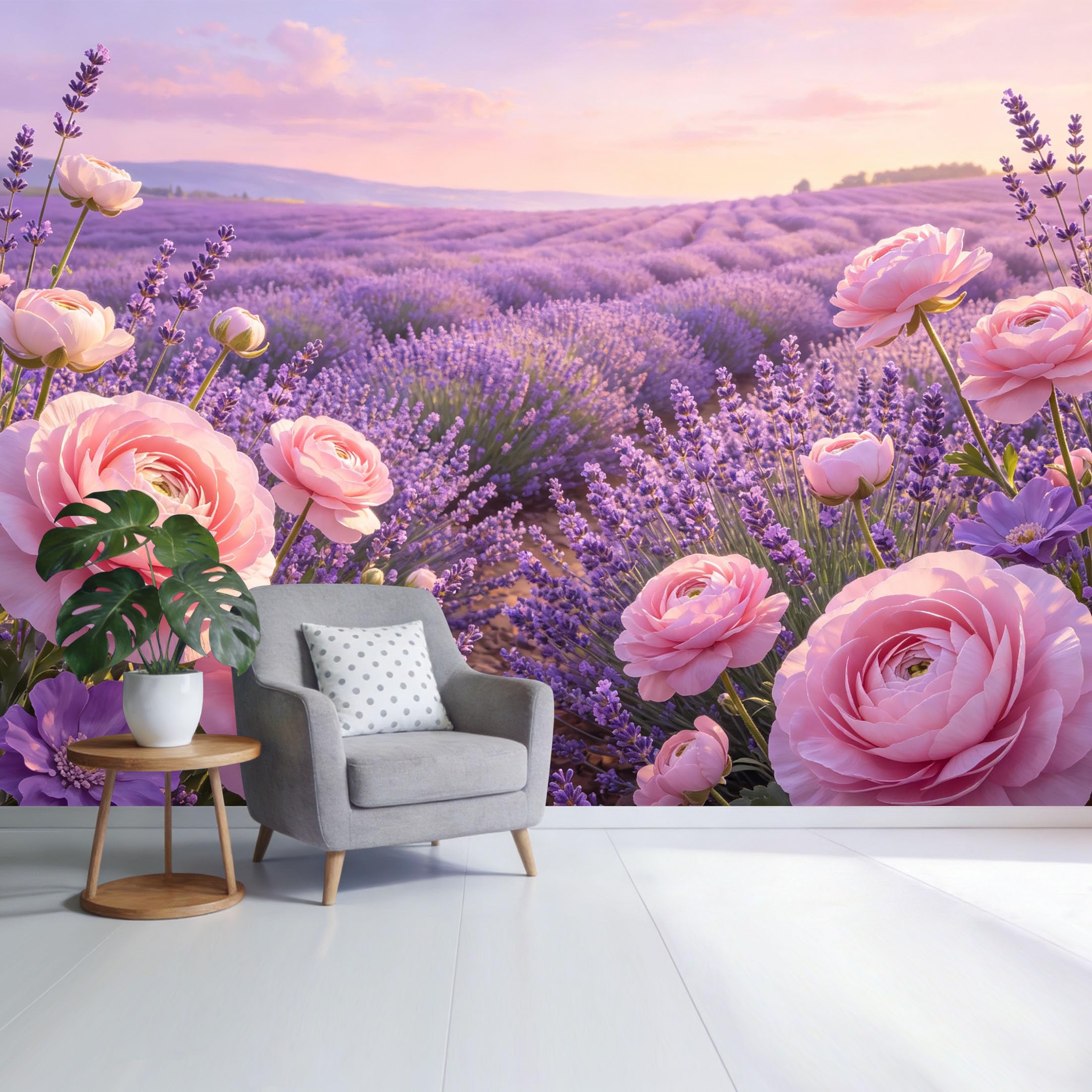 Custom Size Wall Mural Lavender Field Pink Ranunculus Flowers Sunset Landscape Botanical SelfAdhesive Wall Fabric Removable Wallpaper for Home Office Decor