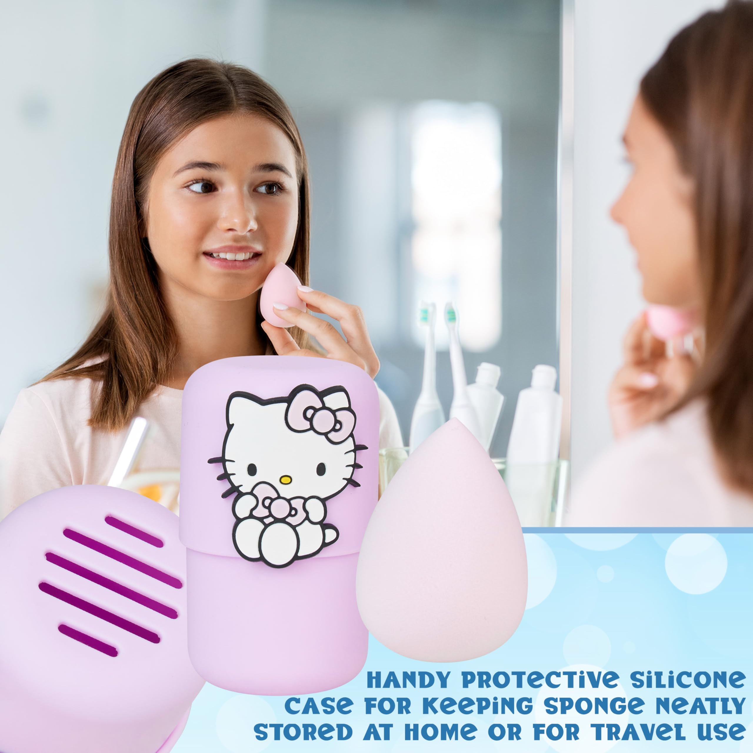 Hello Kitty Sanrio Set Beauty Ragazza, Mini Spazzola Capelli con Specchio, Spugnetta Trucco, Lavabile Dischetti Struccanti, Regali per Lei