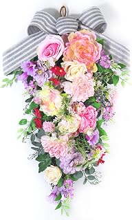 24-Inch Lighted Spring Peony Swag – Artificial Teardrop Wreath for Front Door, Porch, Wall, Window, Stair – Summer Peony Rose Decorative Swag for Home Decor