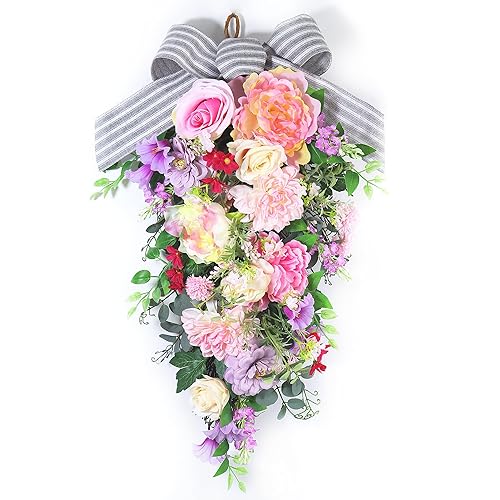 24-Inch Lighted Spring Peony Swag – Artificial Teardrop Wreath for