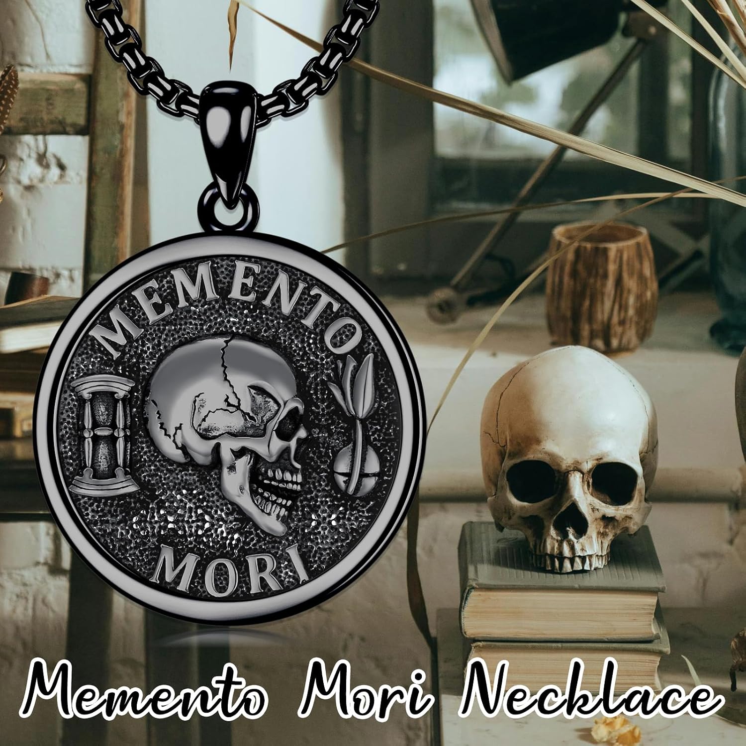 PELOVNY Memento Mori Necklace 925 Sterling Silver Gothic Skull Pendant Stoicism Jewelry Gifts for Men Women 22+2 Inch Chain