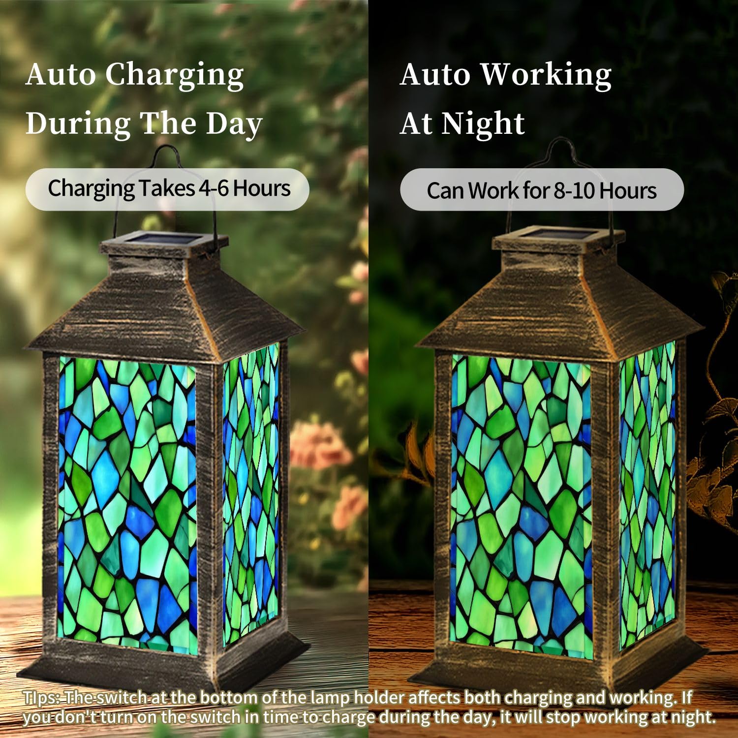 Blue Mosaic Glass Solar Lantern – IP44 Waterproof Hanging Light With Rope, 4.3x10.2 Inch, Solar Powered For Garden, Patio, Table, Or Porch Decor