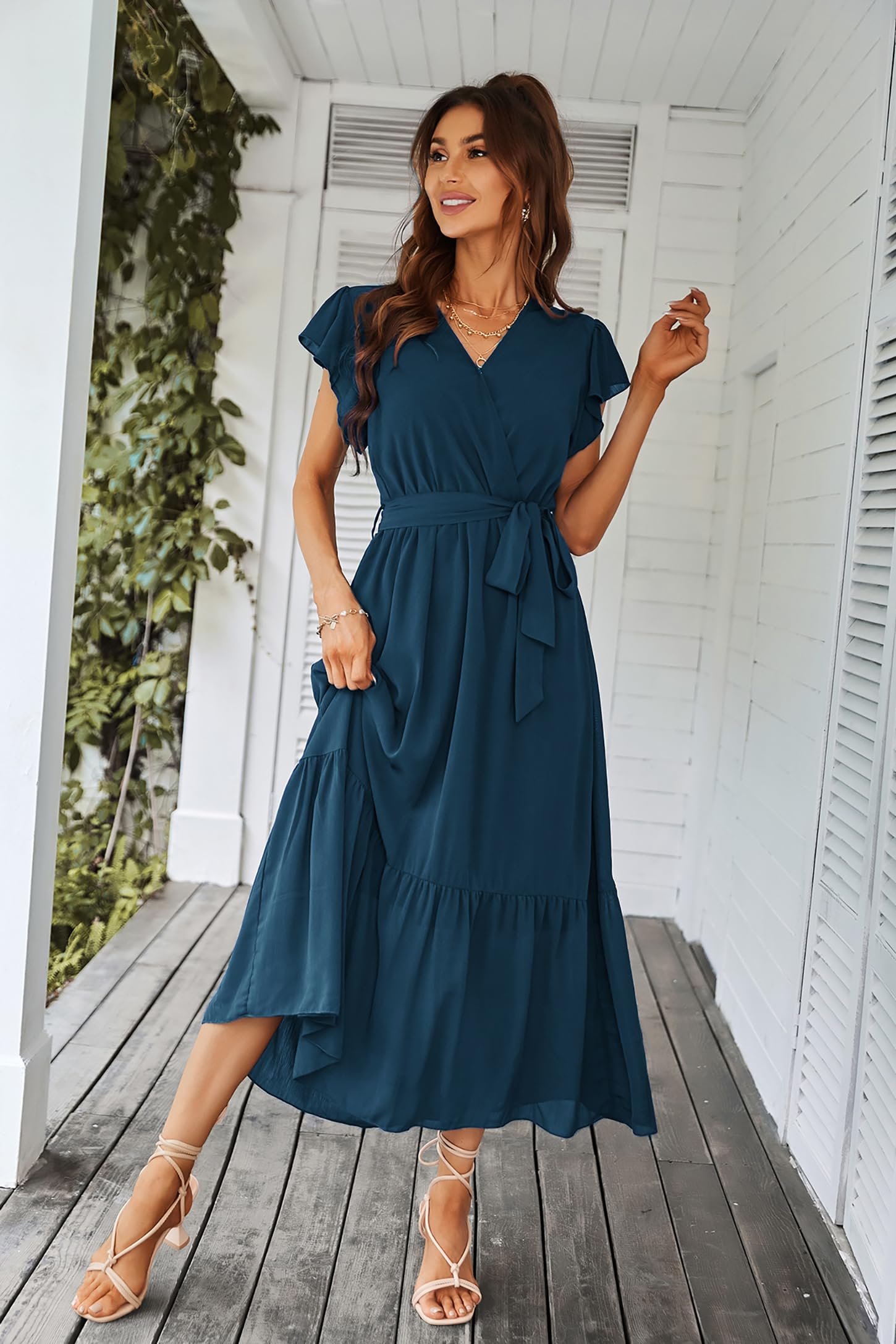 Awemeal Kleid Damen Sommer Elegant V-Ausschnitt Kurzarm Lang Sommerkleid Boho Blumenkleid mit Gürtel Rüschen Saum Wickelkleid Strandkleid A Linie Fließend Maxikleid