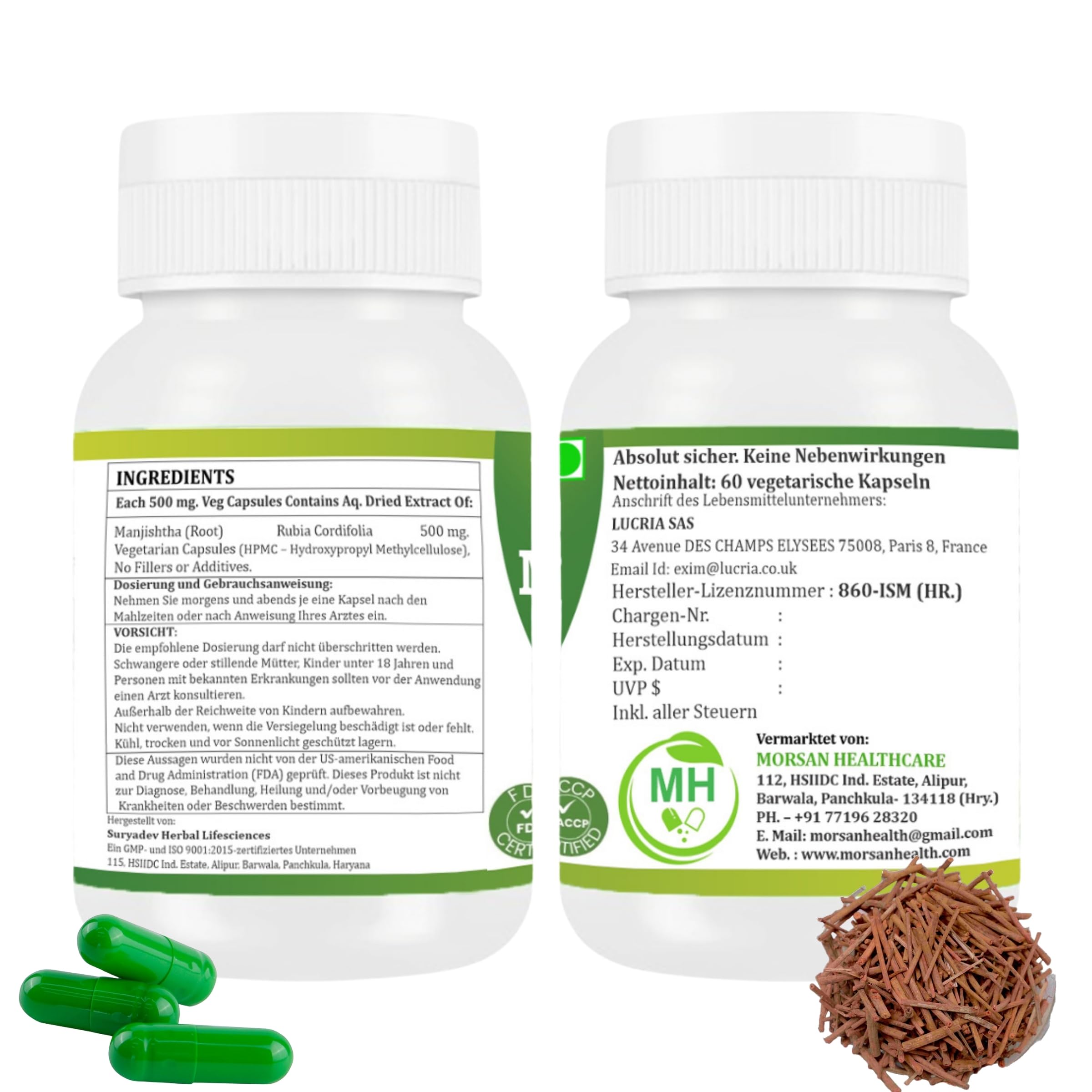 Manjistha Kapseln – Ayurveda Kräuterergänzung – Rubia Cordifolia Pulver – Pflanzlich, Vegan, Natürlich, 60 Kapseln (Packung mit 2) (2er - Pack)