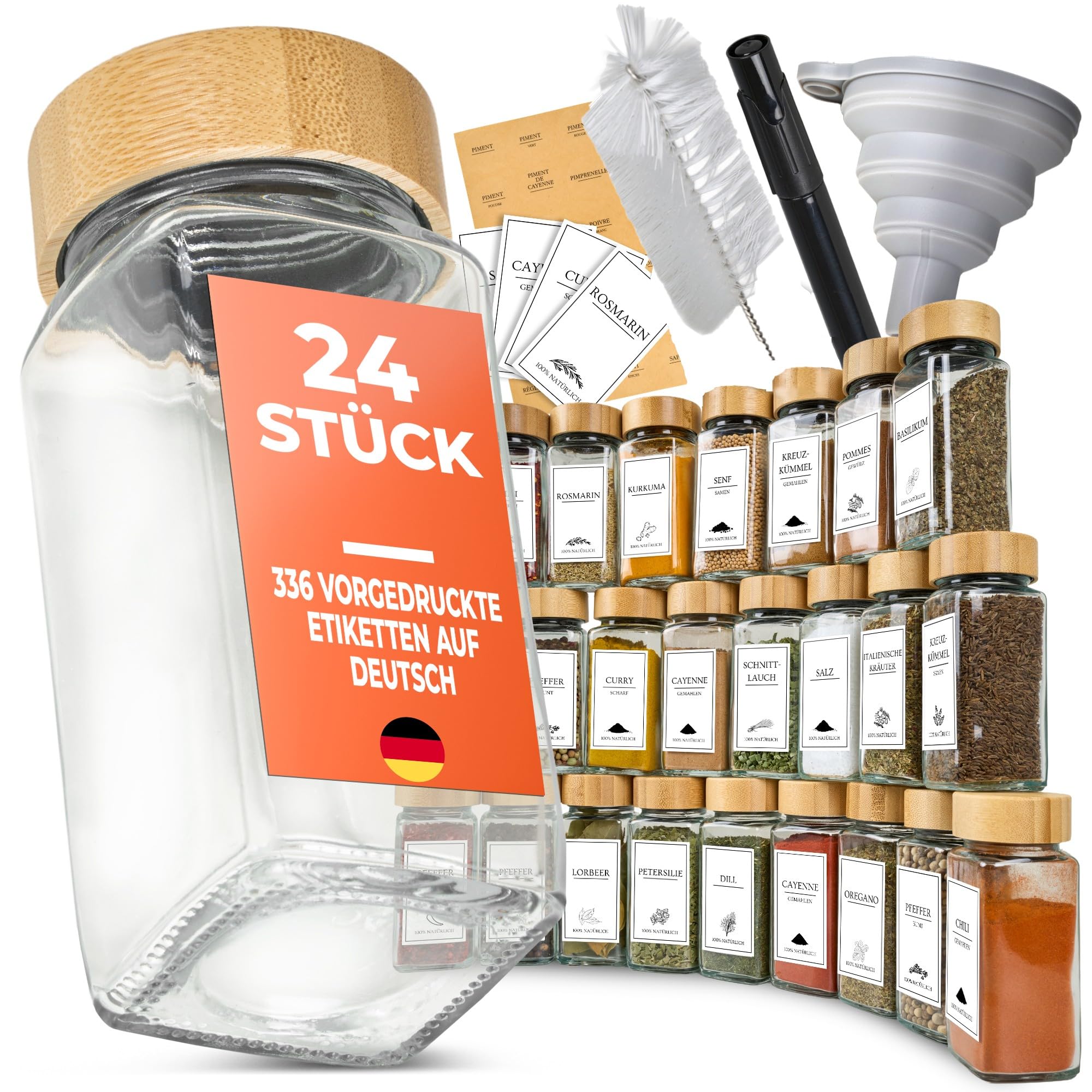 Set Barattoli Spezie Comforder - 24 Pezzi Quadrati, Etichette In Italiano, Setaccio E Imbuto, Bamb&ugrave;