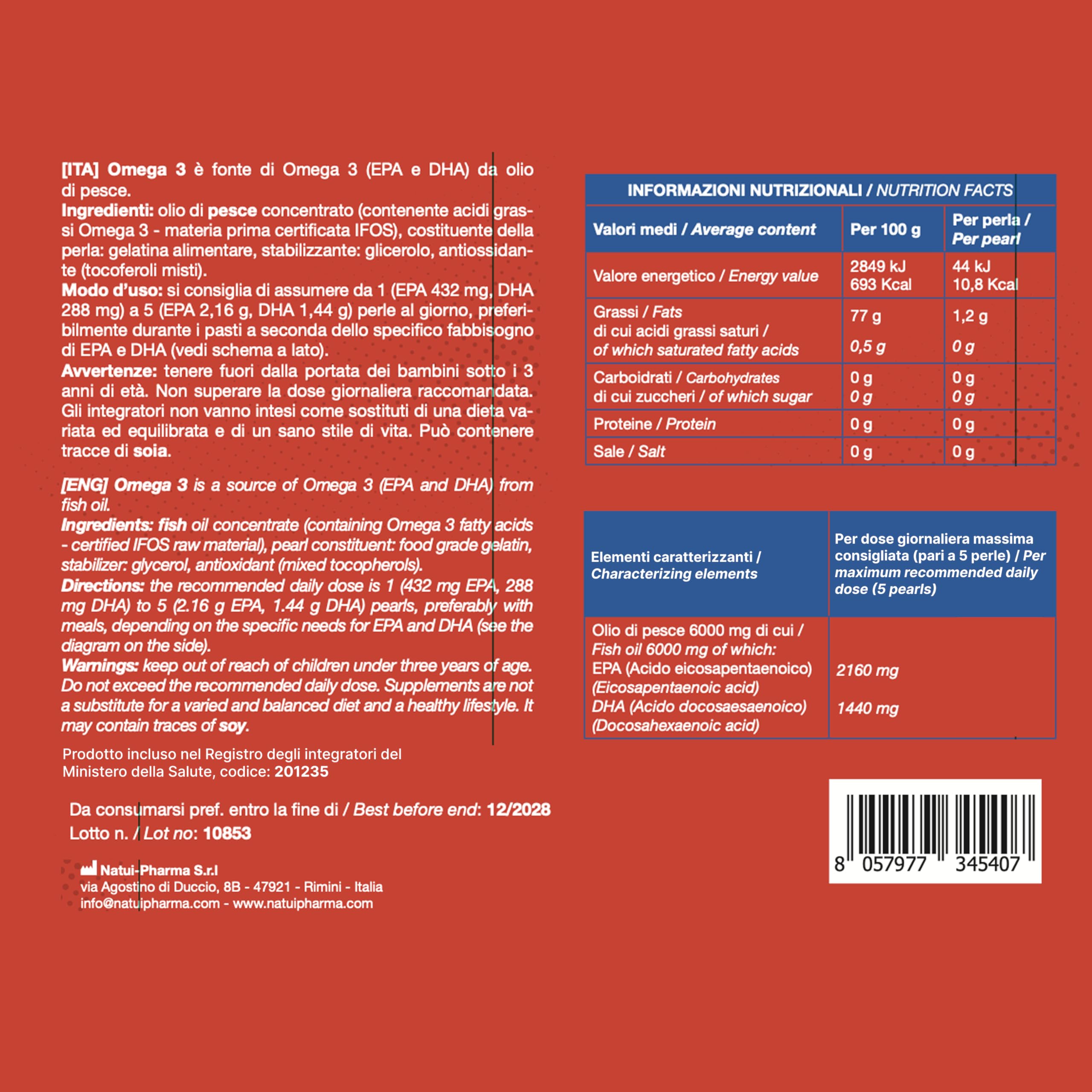 Natui Omega 3 – Integratore di Omega 3 IFOS - 432 mg EPA e 288 mg DHA – Acidi Grassi da Olio di Pesce Concentrato per Controllo Colesterolo, Trigliceridi e Pressione - No Ritorno di Gusto - 240 Perle