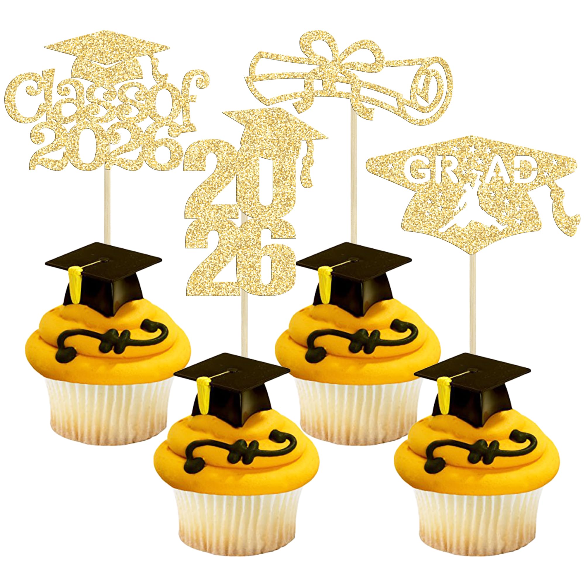 Ephlyn 24Pcs 2026 Graduation Cupcake Toppers Glitter Class of 2026 Diploma Grad Cap Cupcake Picks 2026 Graduation Theme Party Cake Decorations Supplies Gold