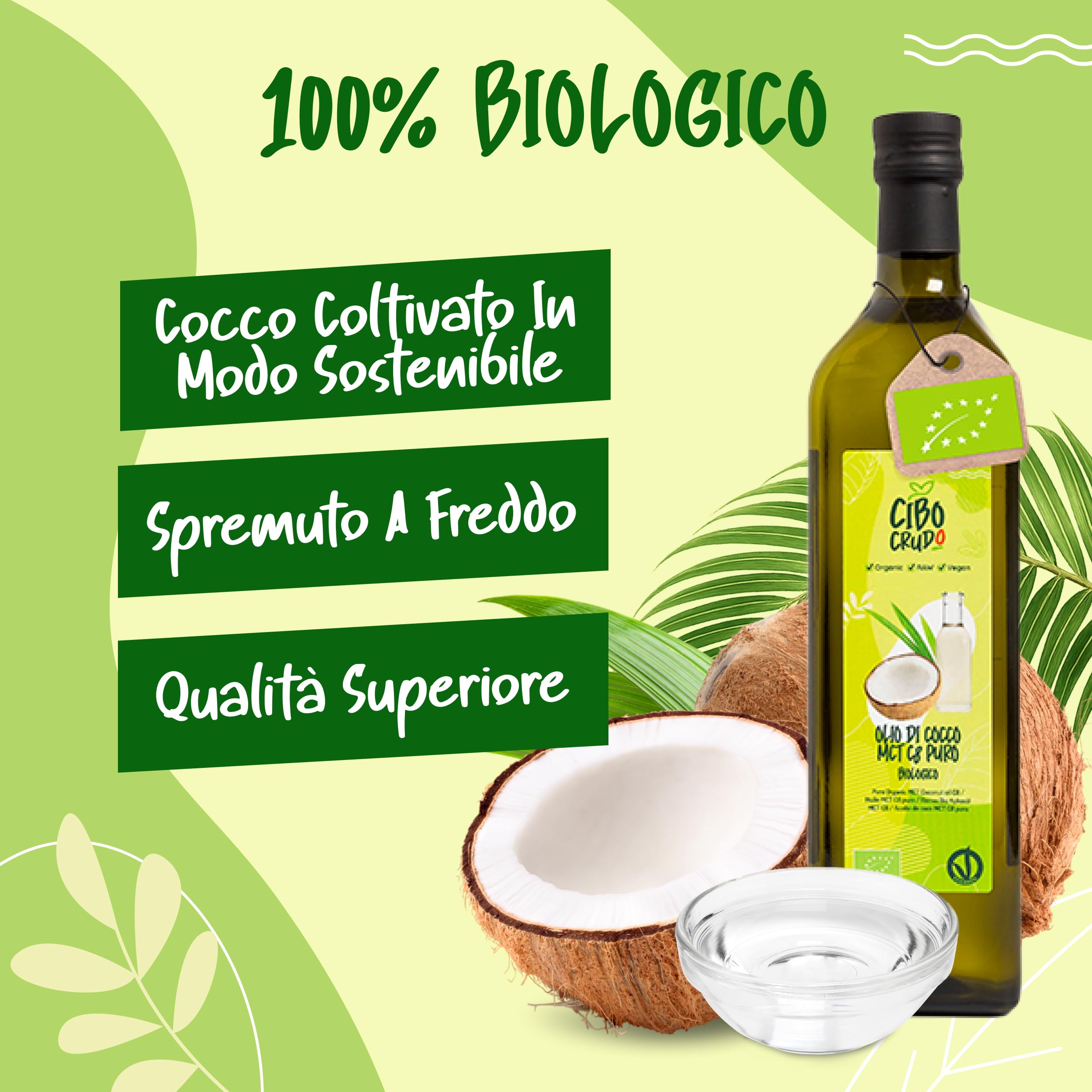 CIBO CRUDO crudo biologico vegan Olio MCT C8 Puro Biologico Spremuto a Freddo - 1LT. Olio di Cocco MCT Commestibile Bio e Puro per Keto Paleo o per Sso su Corpo e Capelli. Olio Vegano e Vegetariano.