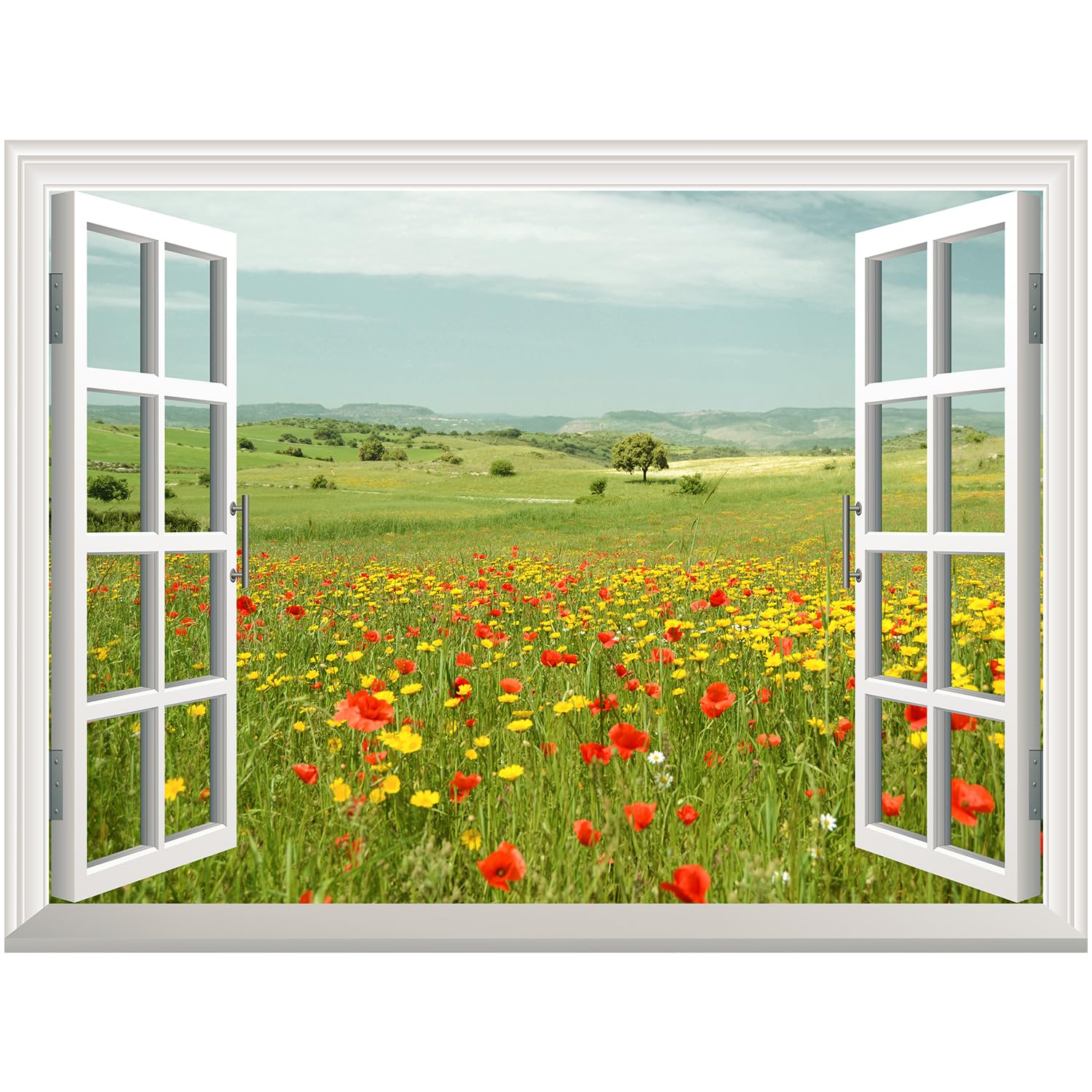 wall26 Entfernbarer Wandaufkleber/Wandbild – Schönes Frühlingsfeld mit Wildblumen | Kreative Fensteransicht Wanddekoration – 91,4 x 121,9 cm