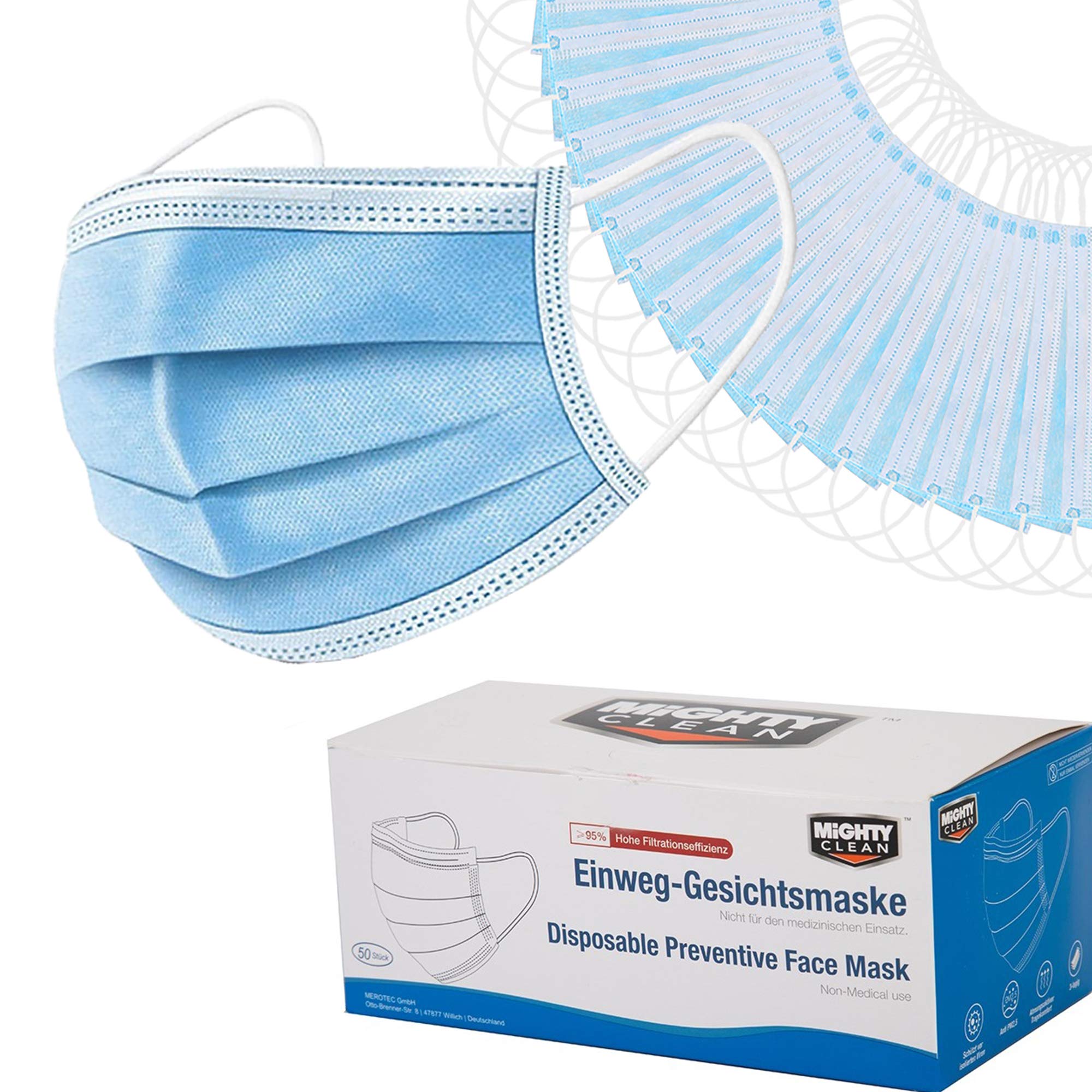 MightyClean CR17595 Lot de 50 masques jetables triple couche pour le visage Haute efficacité de filtration ≥ 95 % Anti-PM2.5 Respirant et confortable