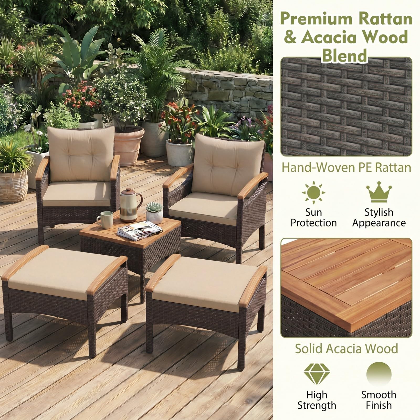 GIANTEX 5er Rattan Gartenmöbel Set, Balkonmöbel Set 2 Sessel & 2 Fußhocker & 1 Couchtisch, 5 tlg. Gartengarnitur Gartenlounge Set, Balkonset Möbel Rattanmöbel, Rattan Sessel mit Kissen(5er Set, Khaki)