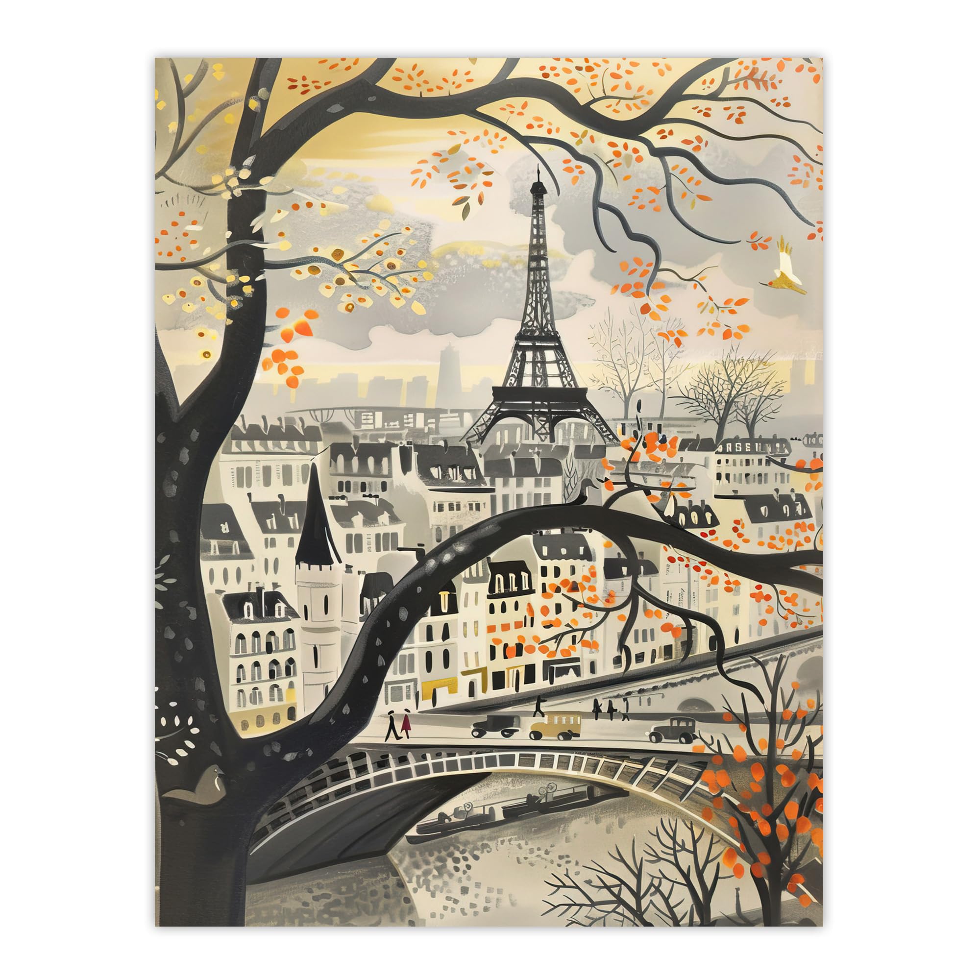 Artery8 Vintage Autumn in Paris Cityscape Eiffel Tower Living Room Extra Large XL Wall Art Poster Print, Unframed 24X32", 81L x 61W cm