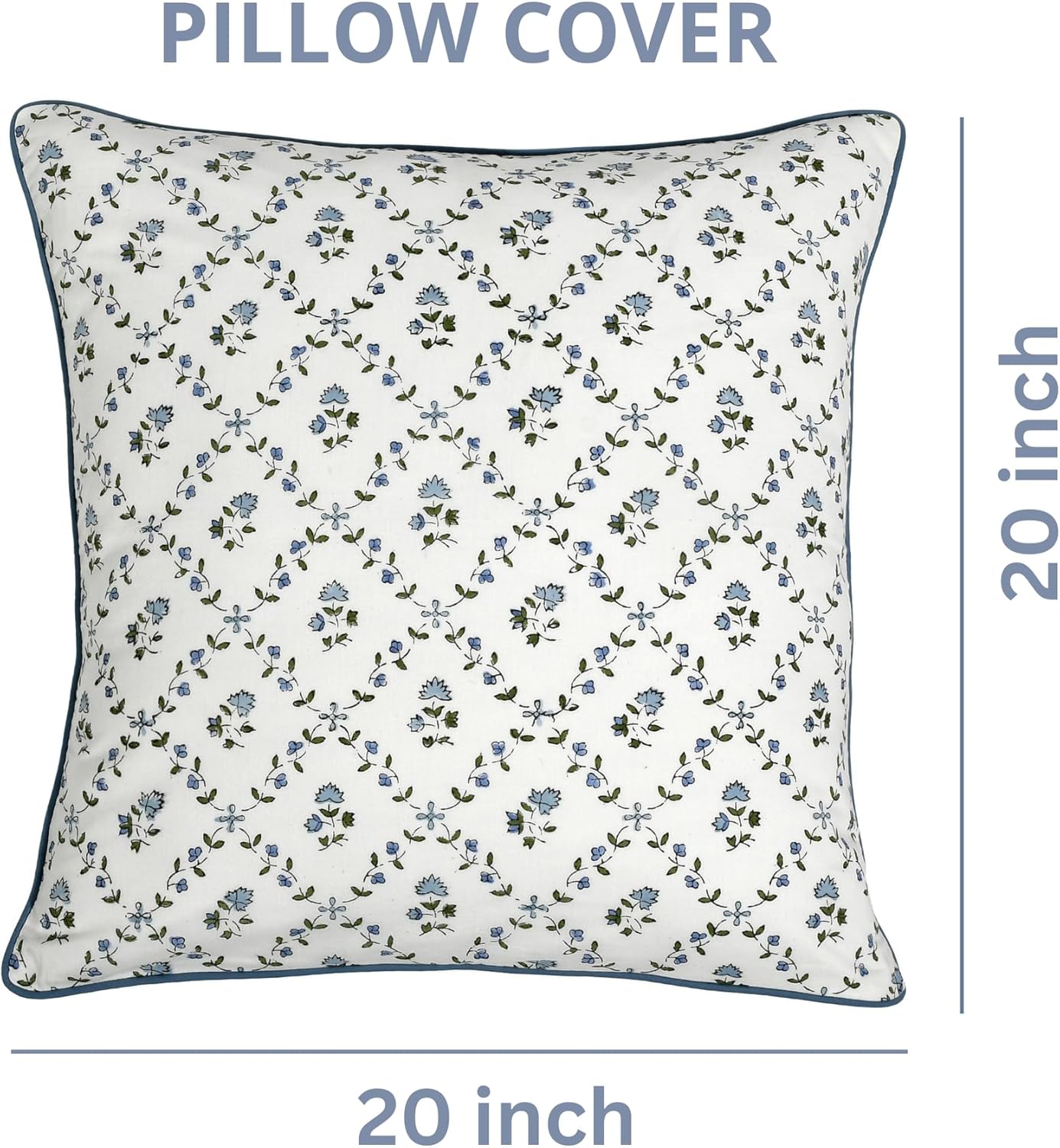 Ridhi Block Print Powder Blue Pillow Cover 20" x 20" (Pack of 2) Decorative Couch Pillows for Living Room, Farmhouse Chic Boho Cute Outdoor Pillows Covers Gifts for Spring, Mother's Day