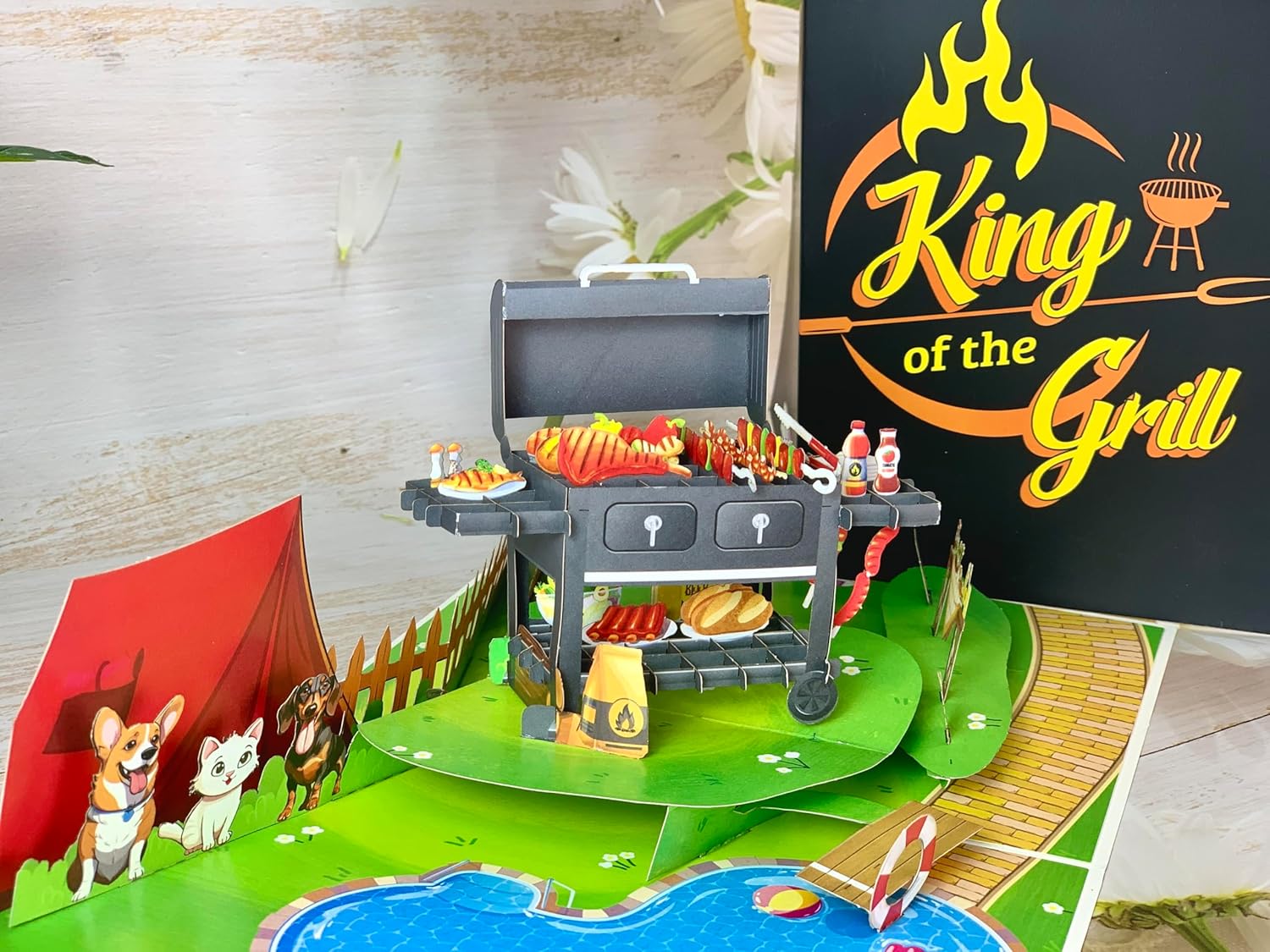 BBQ Grill 3D Greeting Fathers Day Card, Fathers Day Pop Up Card, Birthday Card for Dad, Husband, Grandpa, Brother, Pop Up Birthday Cards for Men, Him, Grilled Meats, Dog, Picnic Card - Image 2