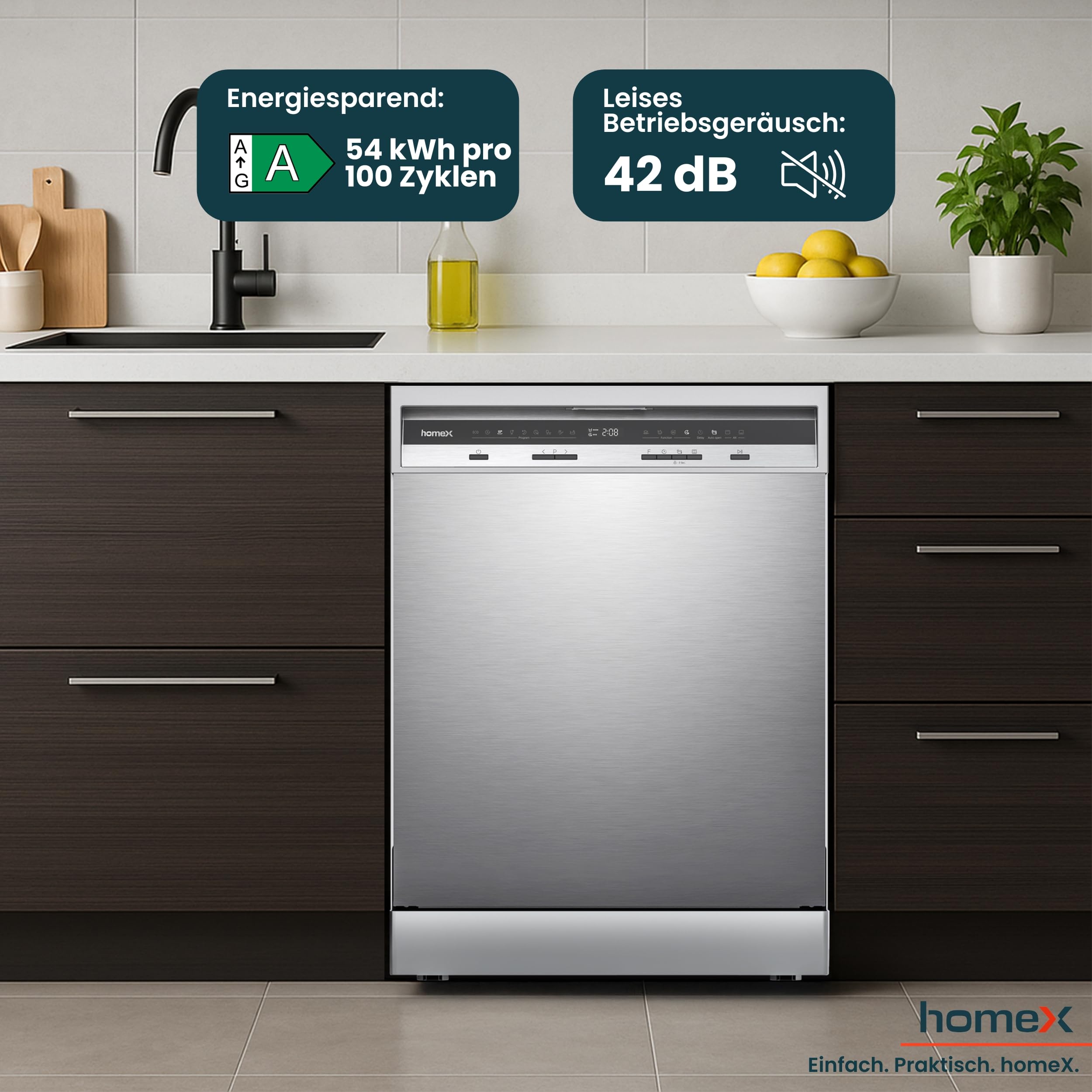 homeX DWFS601442A-S Geschirrspüler 60 cm, Spülmaschine freistehend - 14 Maßgedecke, 9 Programme, Energieklasse A, AquaStop, Besteckschublade, 42 dB, Überlaufschutz, Auto Door, Unterbaufähig, Silber