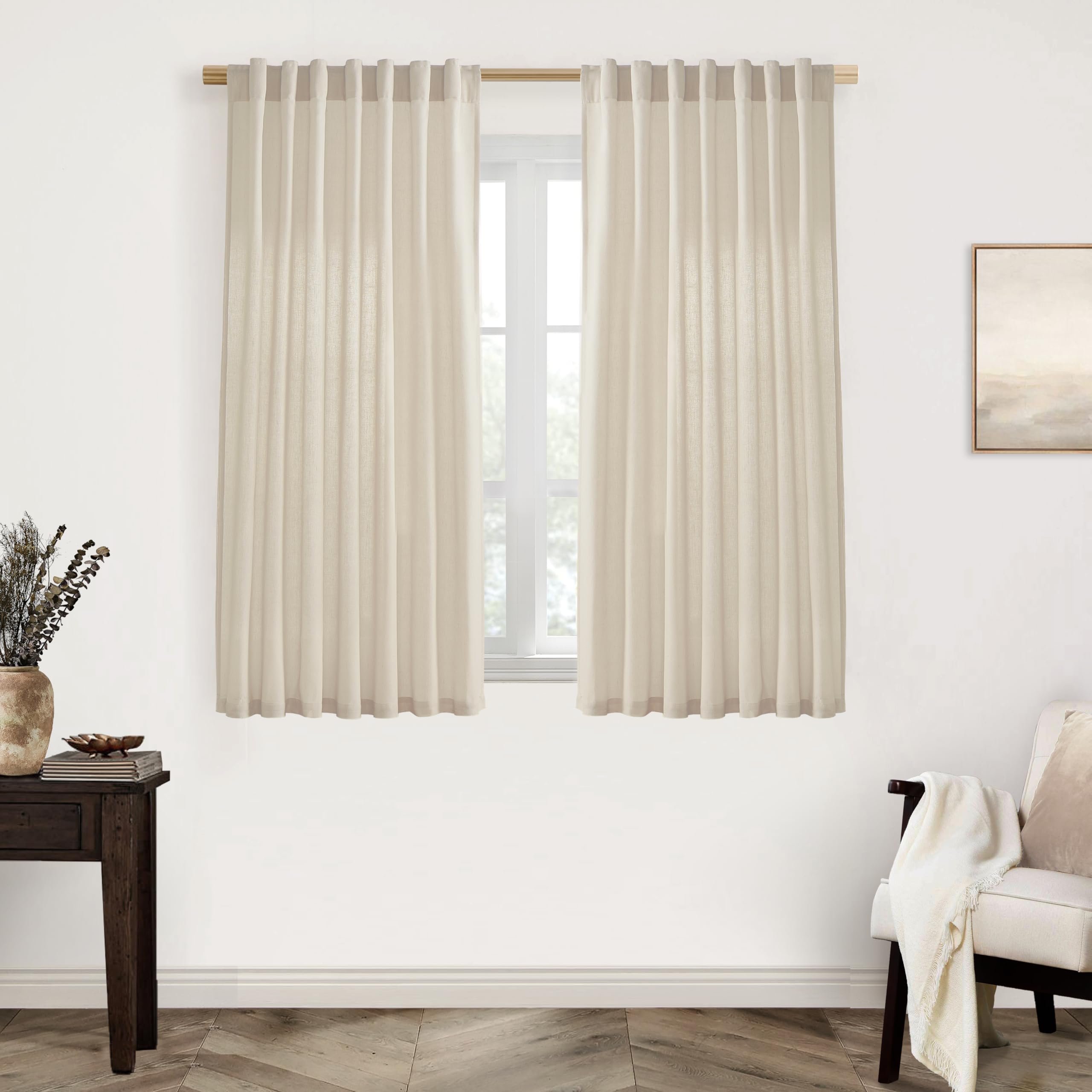 XTMYI Bathroom Window Curtains Short,Linen Sheer Boho Farmhouse Kitchen Curtains 45 Inch Length,Beige