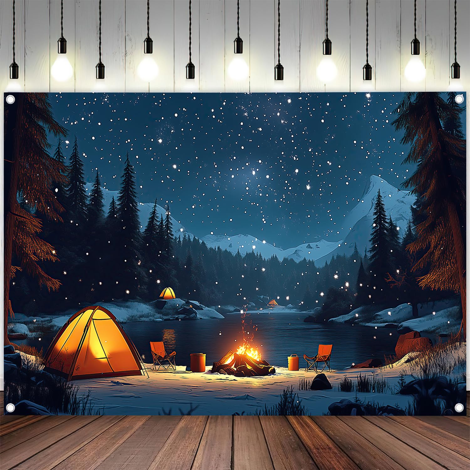 Camping Backdrop for Kids, 10 x 8 ft Forest Night Scene Camper Photography Background Campfire Tent Kids Adults Birthday Party Happy Camper Banner