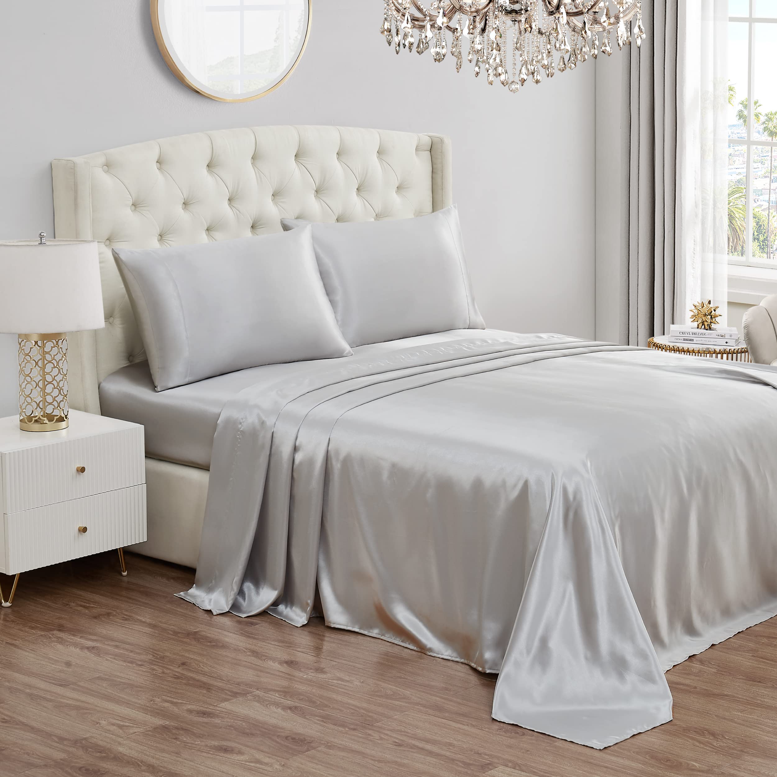 Juicy Couture Twin XL Size Satin Bed Sheet Set, Deep Pocket Twin XL Sheet Set with 1 Fitted Sheet, 1 Flat Sheet and 1 Pillow Case, Wrinkle Resistant and Anti Pilling Bed Sheets - Grey